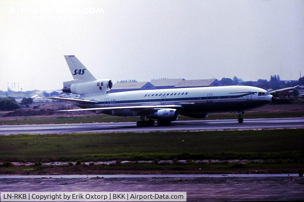 LN-RKB, 1975 McDonnell Douglas DC-10-30F C/N 46871, LN-RKB in BKK Don Muang. This a/c was a DC-10-30 (all passenger version) when it was in operation with SAS.