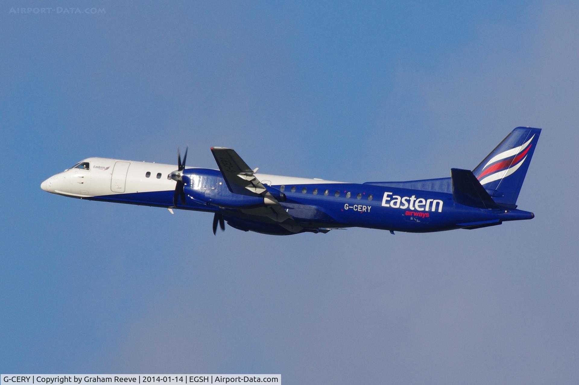 G-CERY, 1994 Saab 2000 C/N 2000-008, Climbing out of Norwich.