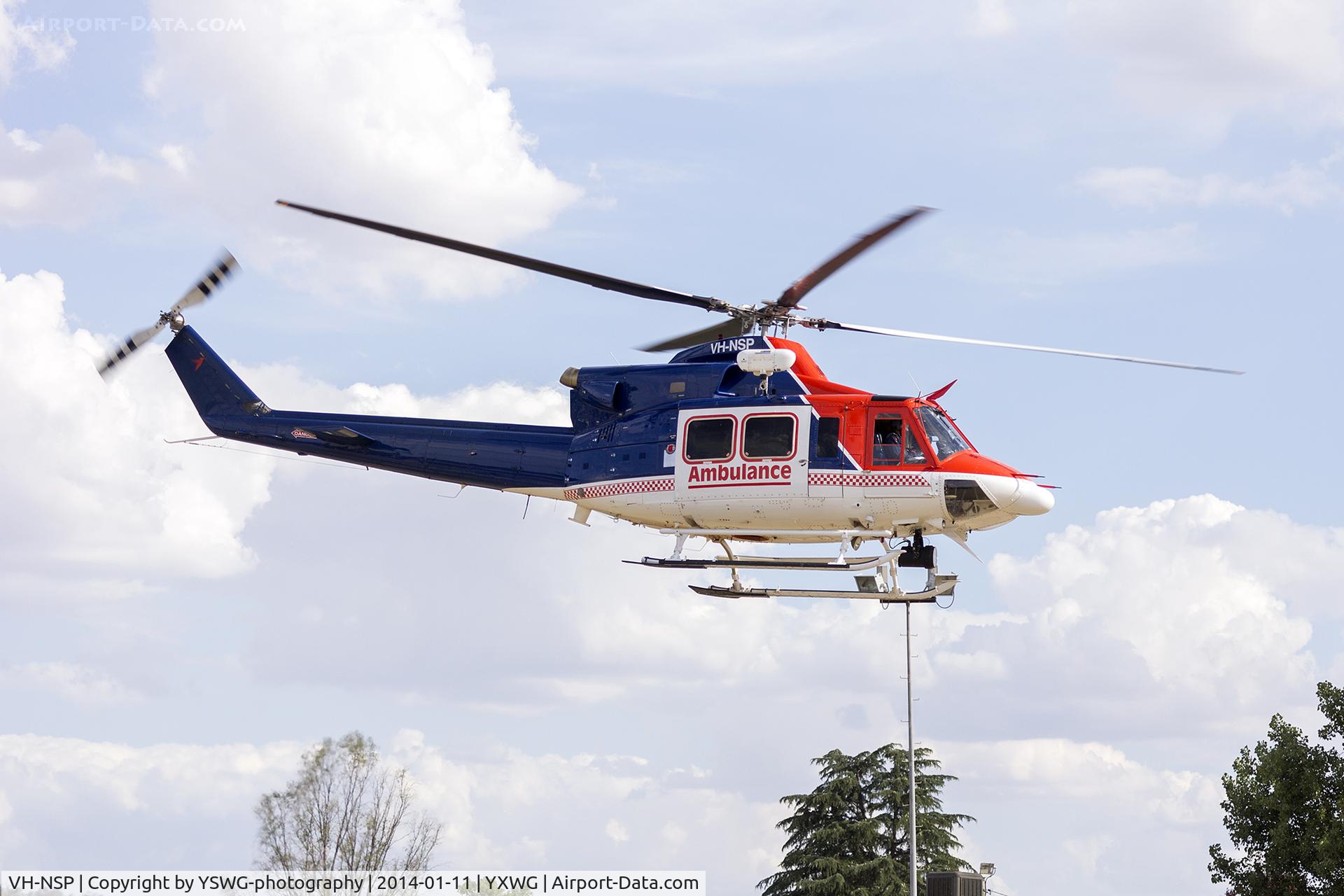VH-NSP, Bell 412 C/N 33091, CHC Helicopter Australia (VH-NSP) Bell 412EP departing the Duke of Kent Oval (YXWG) helipad. VH-NSP is currently filling in for Snowy Hydro SouthCare, while VH-NSC is undergoing routine maintenance.