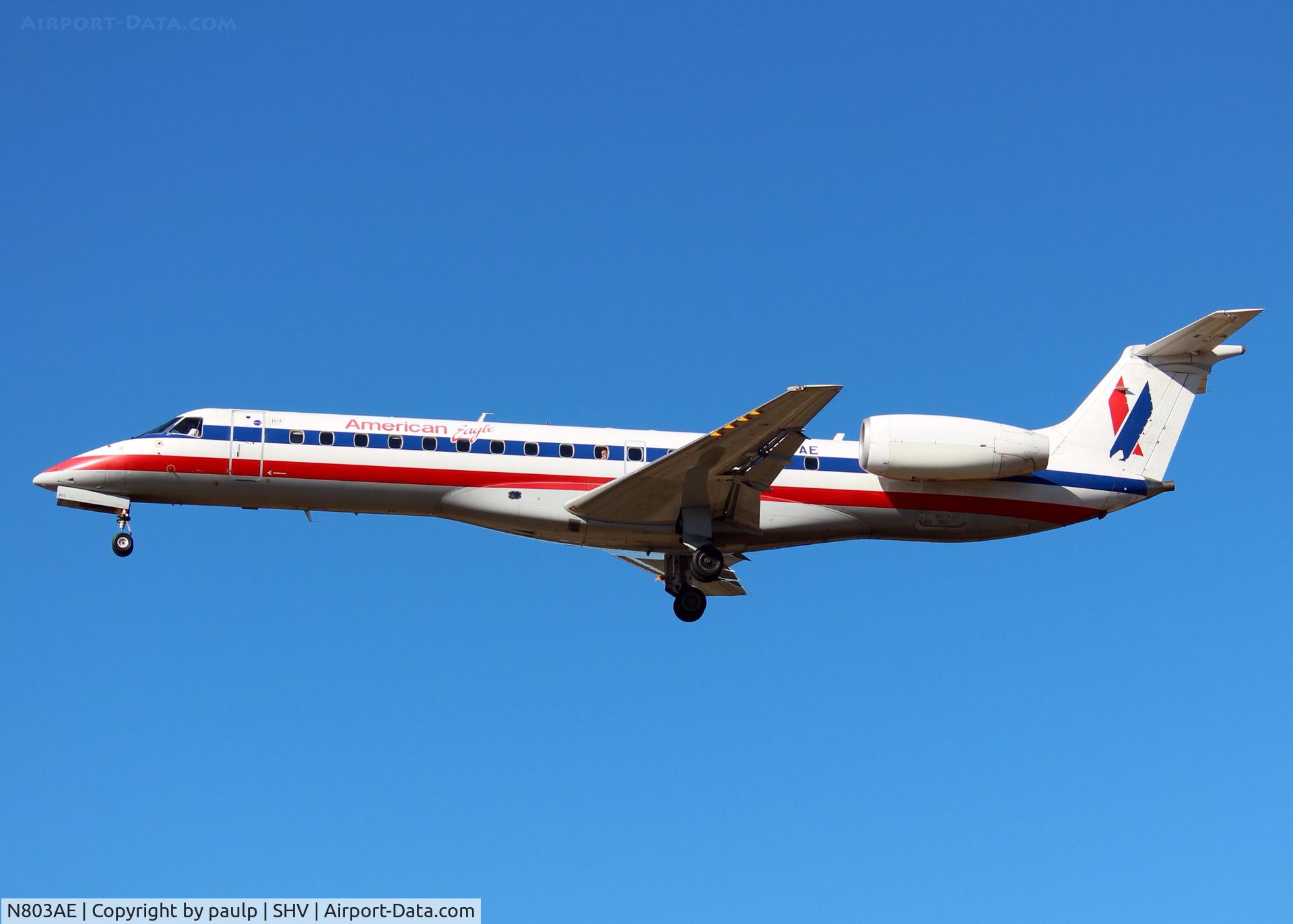 N803AE, 2001 Embraer ERJ-140LR (EMB-135KL) C/N 145483, Landing at Shreveport Regional.