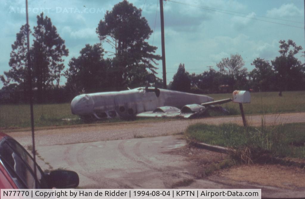 N77770, 1948 Monsted-Vincent MV-1 Starflight C/N Prototype, Wreck of the only four-engined aircraft ever built in Louisiana: the Monsted-Vincent MV-1 Starflight. Only one built.
The aircraft was blown over by hurricane Andrew in August 1992. The museum was closed afterwards as it too was devastated.