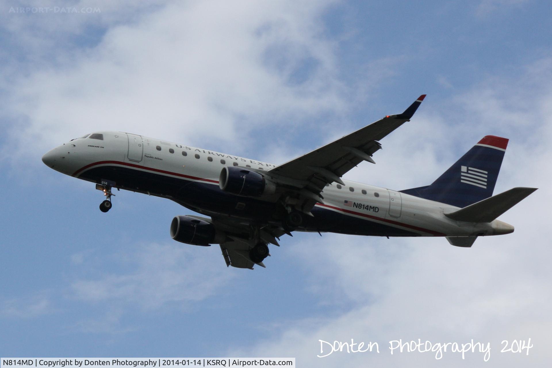 N814MD, 2004 Embraer 170SU (ERJ-170-100SU) C/N 17000033, US Air Flight 3346 operated by Republic (N814MD) arrives at Sarasota-Bradenton International Airport following a flight from Reagan National