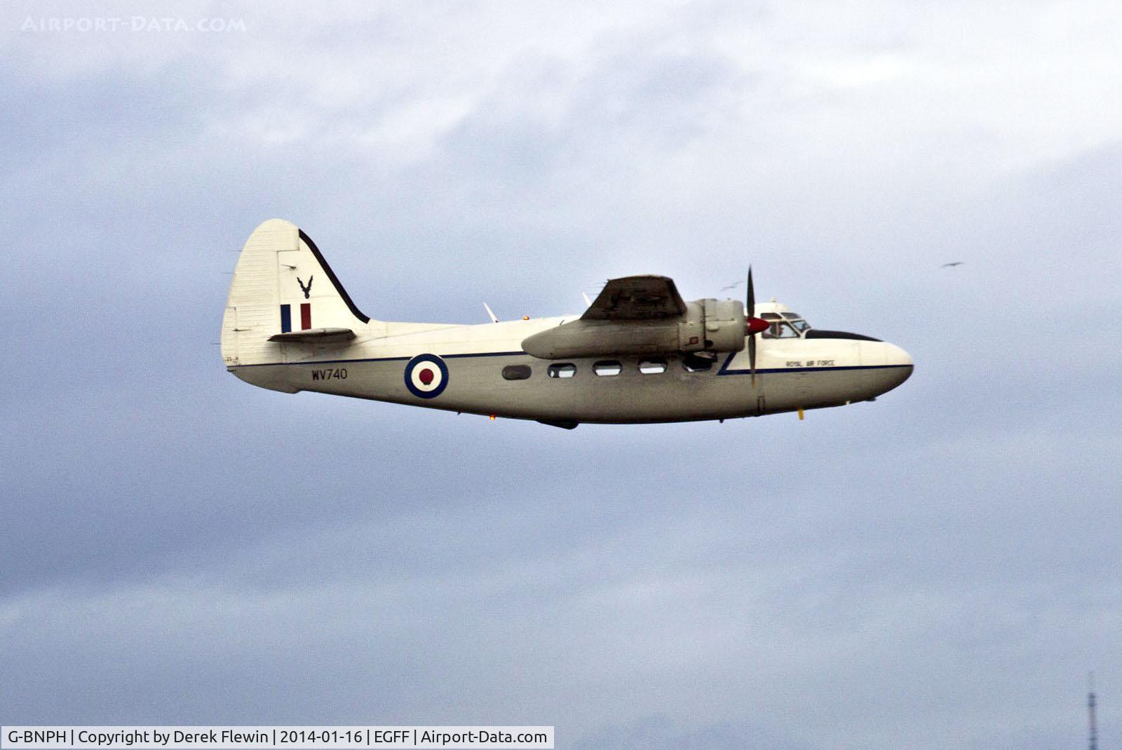 G-BNPH, 1955 Hunting Percival P-66 Pembroke C1 C/N PAC/66/027, Percival P66 Pembroke C MK1, WV740, low fly by at EGFF before returning to MOD St Athan.