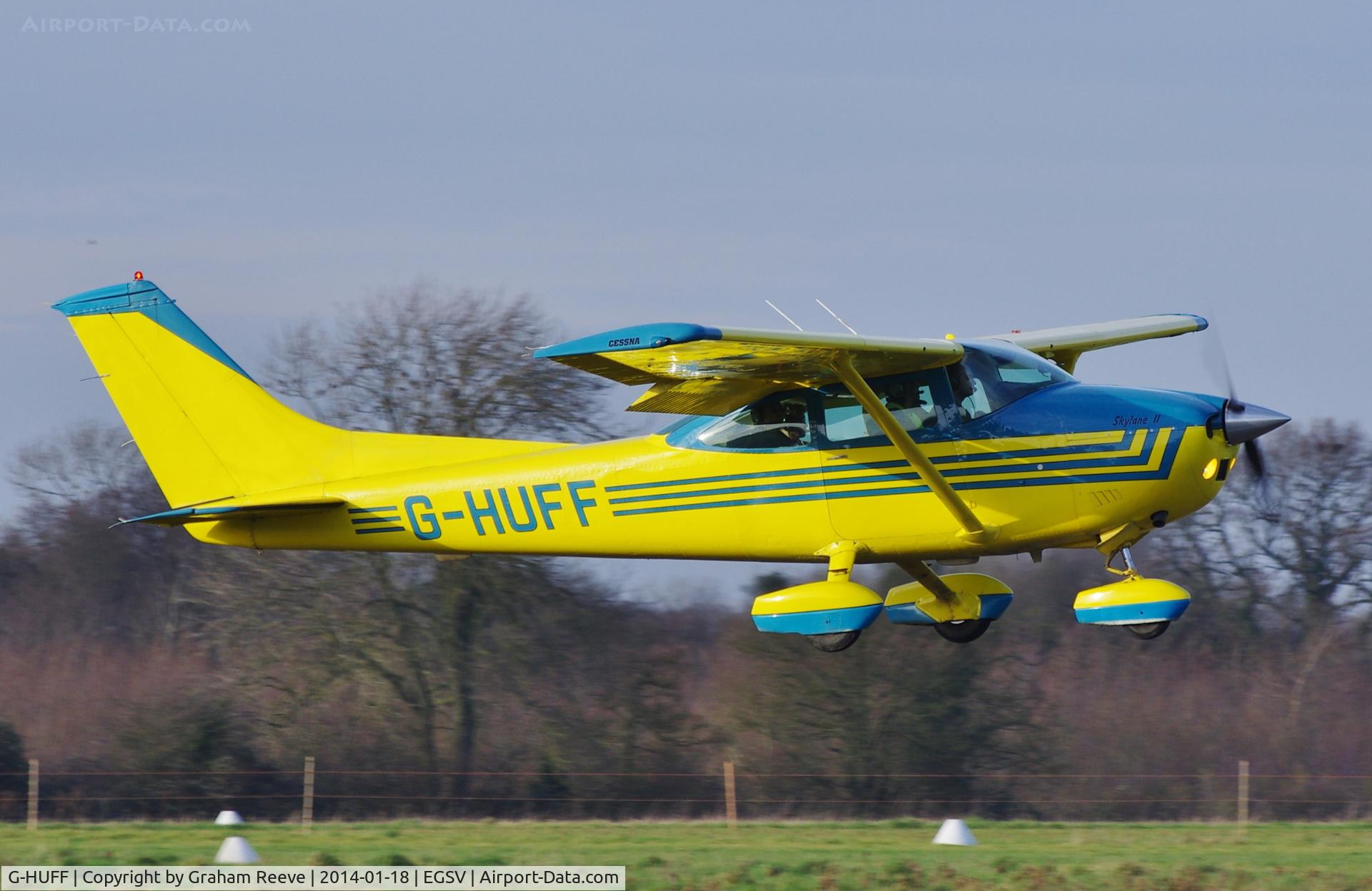 G-HUFF, 1975 Cessna 182P Skylane C/N 182-64076, Departing from Old Buckenham.