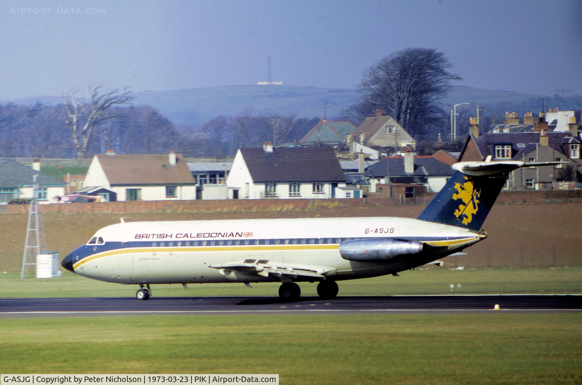 G-ASJG, 1964 BAC 111-201AC One-Eleven C/N BAC.011, One Eleven 201 of British Caledonian as seen at Prestwick in the Spring of 1973.