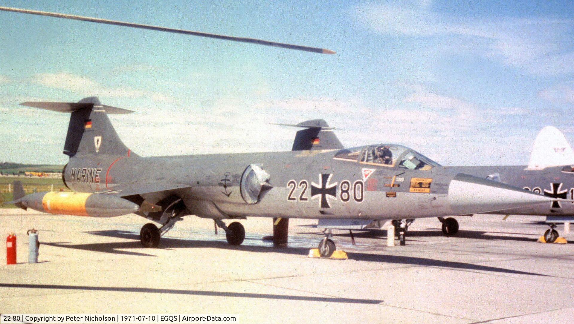 22 80, Lockheed F-104G Starfighter C/N 683-7162, F-104G Starfighter of German Kreigsmarine MFG-1 on display at the 1971 RNAS Lossiemouth Airshow.