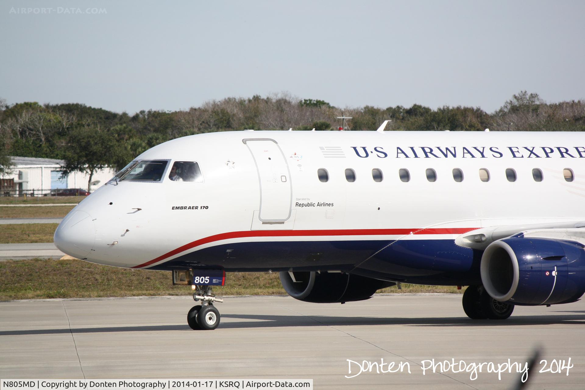 N805MD, 2004 Embraer 170SU (ERJ-170-100SU) C/N 17000018, US Air Flight 3346 operated by Republic (N805MD) arrives at Sarasota-Bradenton International Airport following a flight from Reagan National Airport
