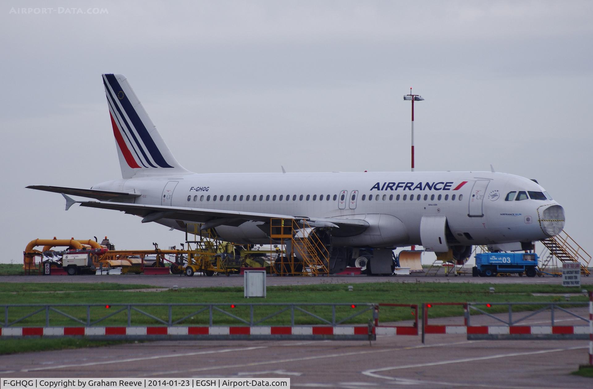 F-GHQG, 1991 Airbus A320-211 C/N 0155, Parked at Norwich.