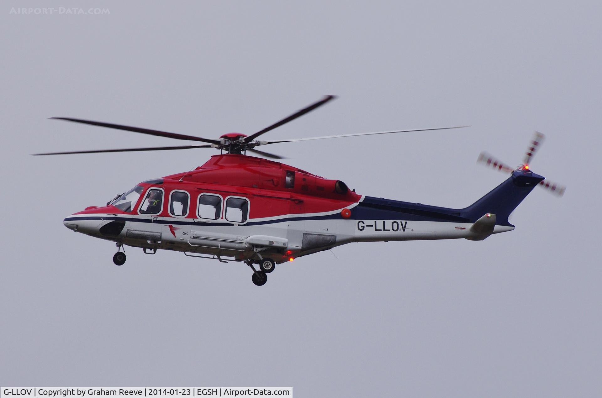 G-LLOV, 2013 AgustaWestland AW-139 C/N 31474, About to touch down at Norwich.