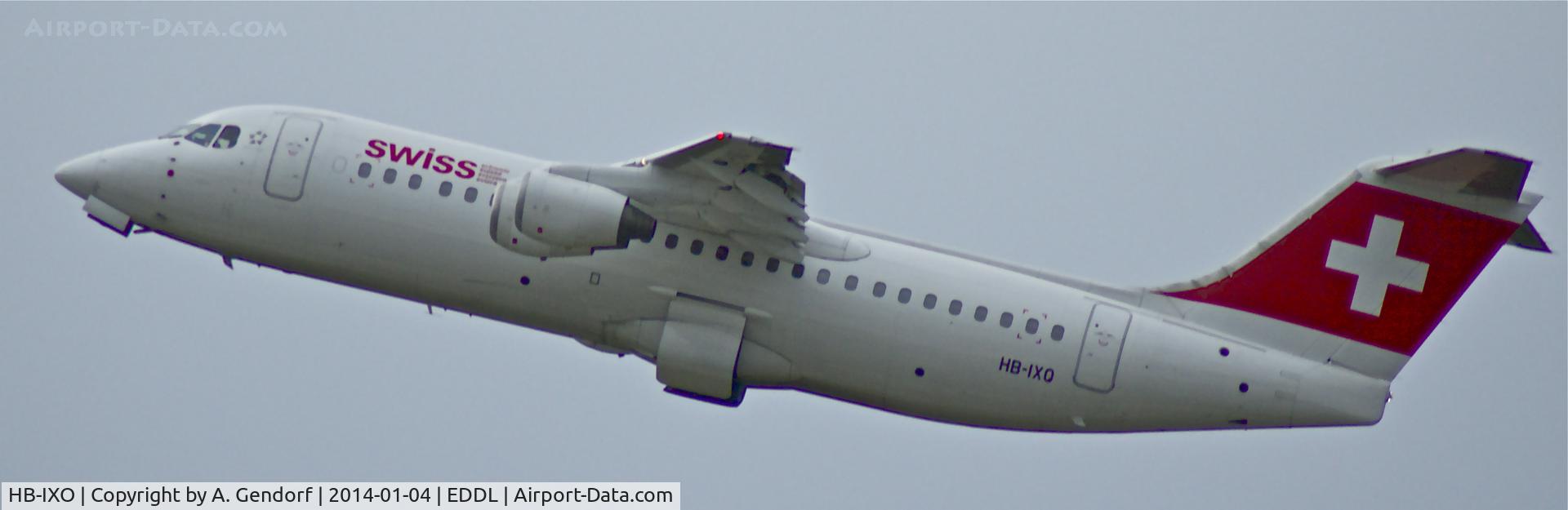 HB-IXO, 1996 British Aerospace Avro 146-RJ100 C/N E3284, Swiss, is here climbing out Düsseldorf Int'l(EDDL)
