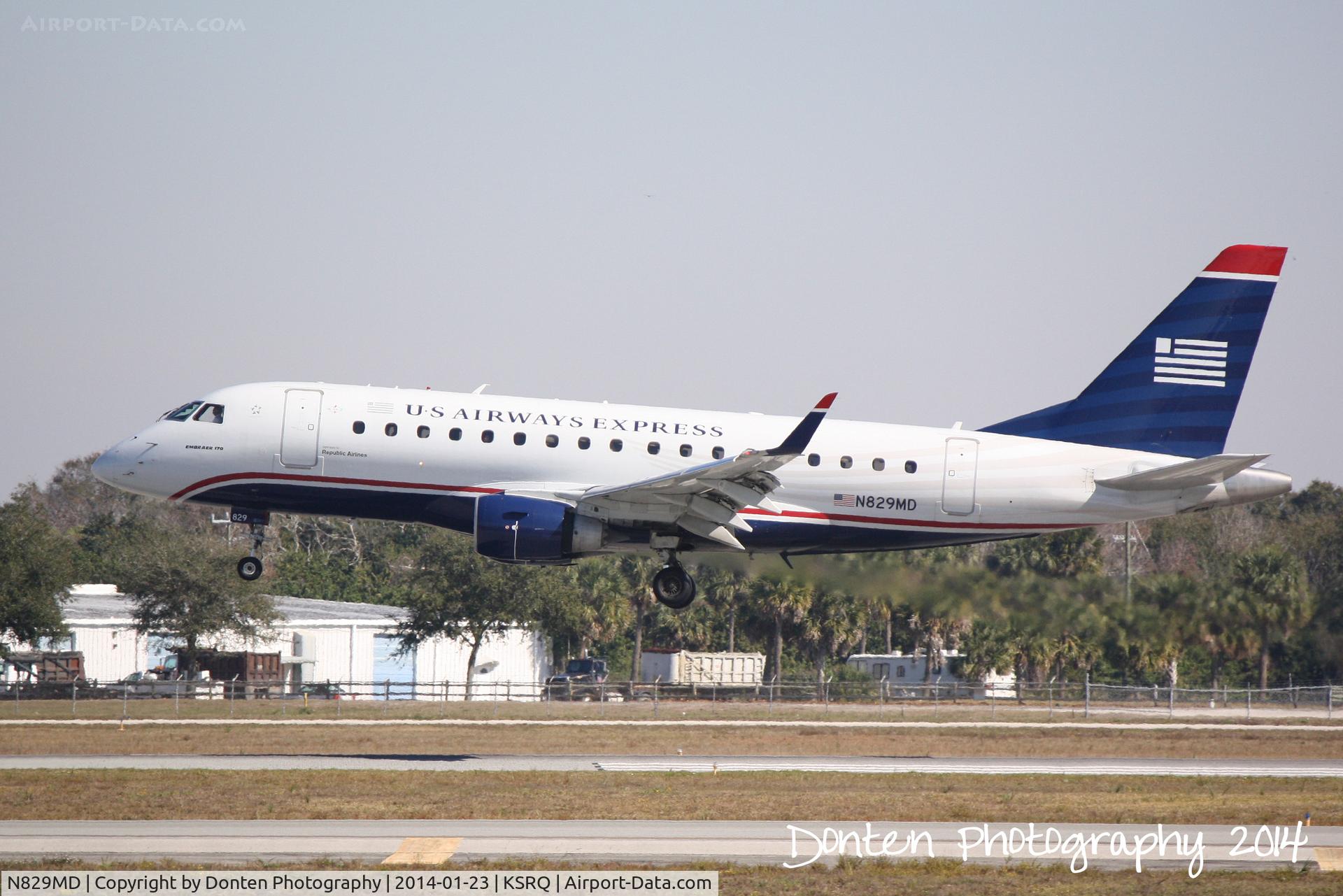 N829MD, 2005 Embraer 170SU (ERJ-170-100SU) C/N 17000049, US Air Flight 3346 operated by Republic (N829MD) arrives at Sarasota-Bradenton International Airport following a flight from Reagan