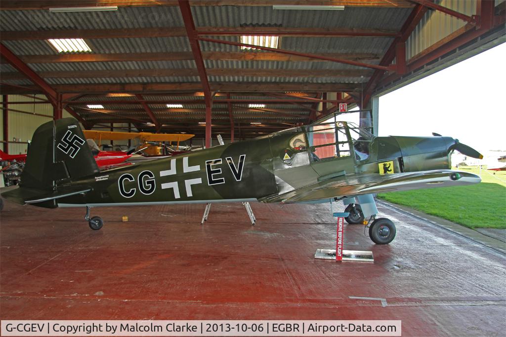 G-CGEV, 1970 Heliopolis Gomhouria Mk.6 (Bu-181) C/N 067, Bucker Bu-181D Bestmann (Gomhouria 181 MK6) at The Real Aeroplane Club's Pre-Hibernation Fly-In, Breighton Airfield, October 2013.