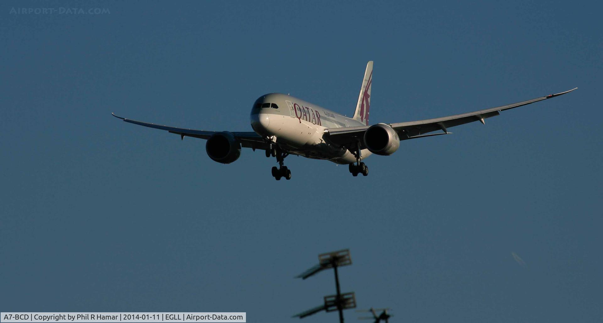 A7-BCD, 2013 Boeing 787-8 Dreamliner C/N 38322, QATAR Airways, (A7-BCD)  Boeing 787-8 Dreamliner, c/n 38322/99, on approach to land on 27L Heathrow. © PhilRHamar
