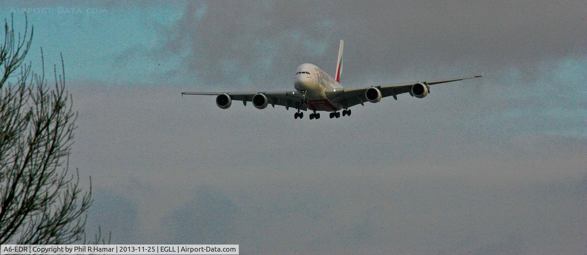 A6-EDR, 2011 Airbus A380-861 C/N 083, Emirates Airlines, (A6-EDR) 2011 Airbus A380-861, c/n 083, on approach to land on 27L Heathrow. © PhilRHama