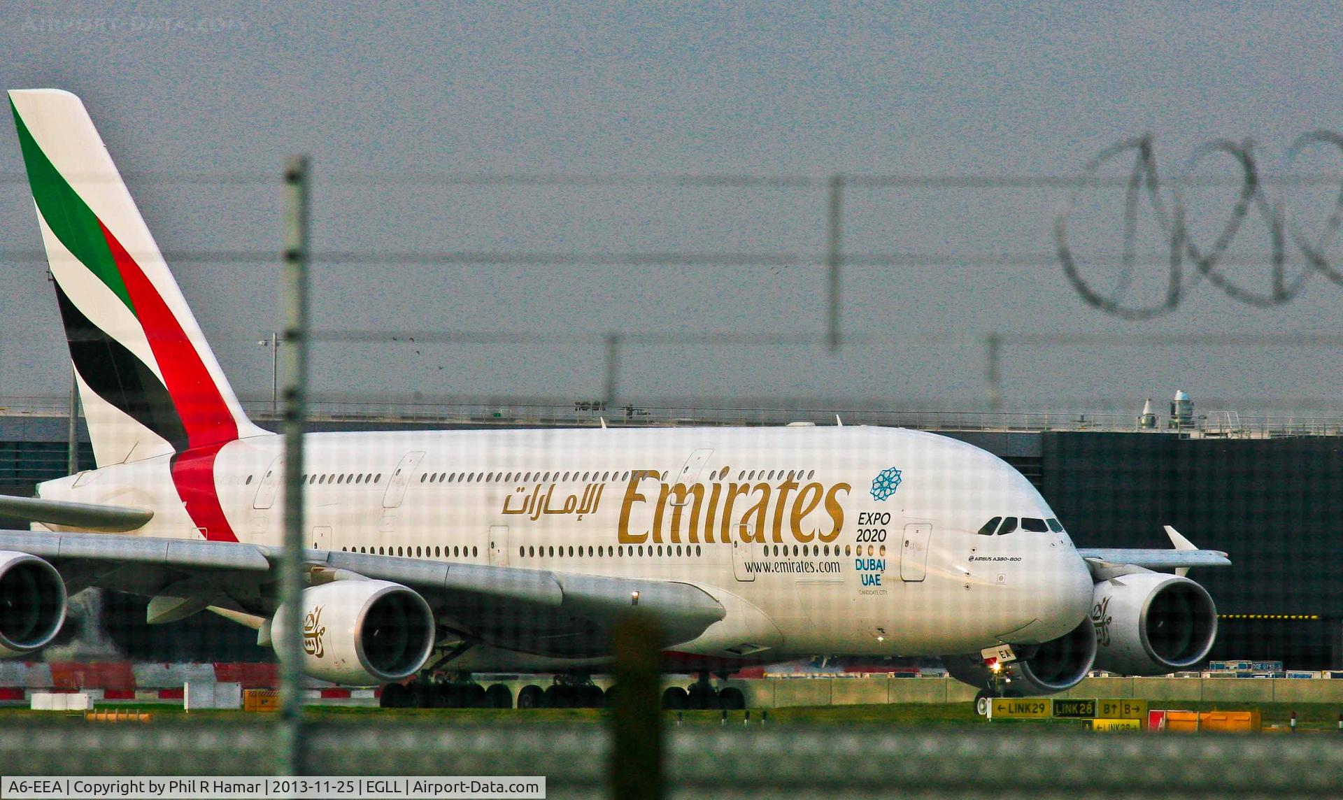 A6-EEA, 2012 Airbus A380-861 C/N 108, Emirates Airlines, (A6-EEA) 2012 Airbus A380-861, c/n 108, pushing to take off on 27R Heathrow. © PhilRHama