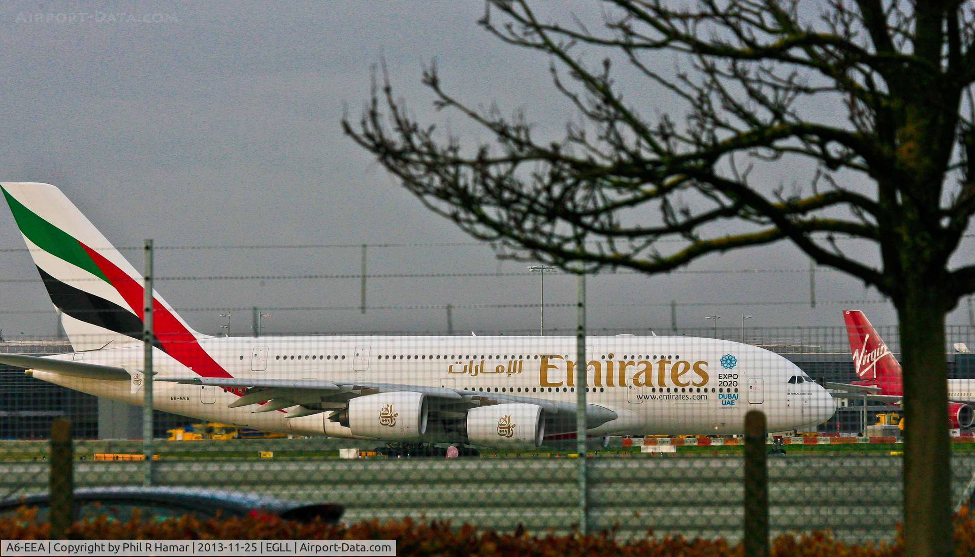 A6-EEA, 2012 Airbus A380-861 C/N 108, Emirates Airlines, (A6-EEA) 2012 Airbus A380-861, c/n 108, pushing to take off on 27R Heathrow. © PhilRHama