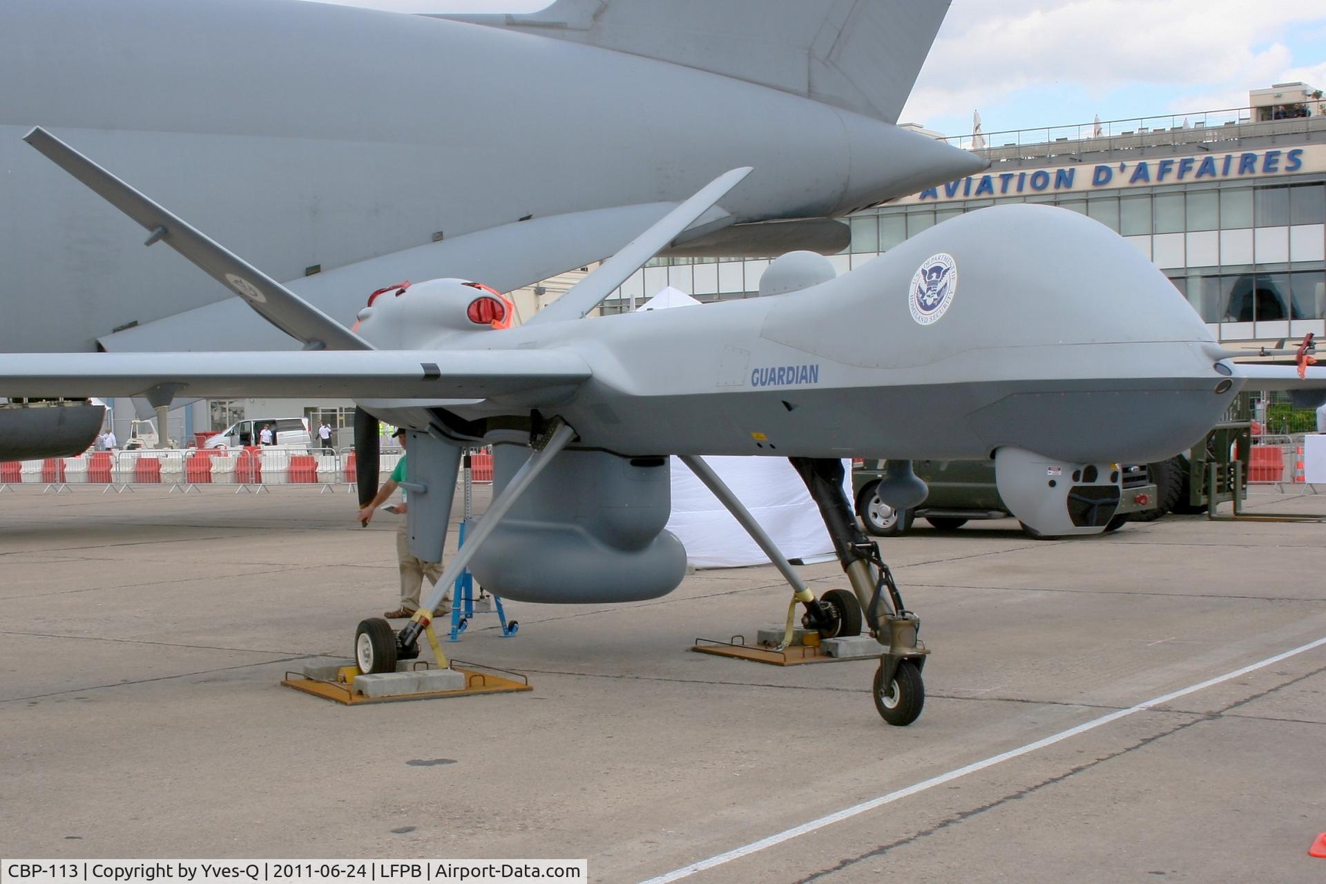 CBP-113, General Atomics MQ-9B Guardian C/N Not found CBP-113, General Atomics Aeronautical System Inc MQ-9B Guardian, US Department of Homeland Security, Displayed at Paris Le Bourget (LFPB-LBG) Air Show in june 2011. this UAV is used for border patrol and drugs smuggling surveillance operations.