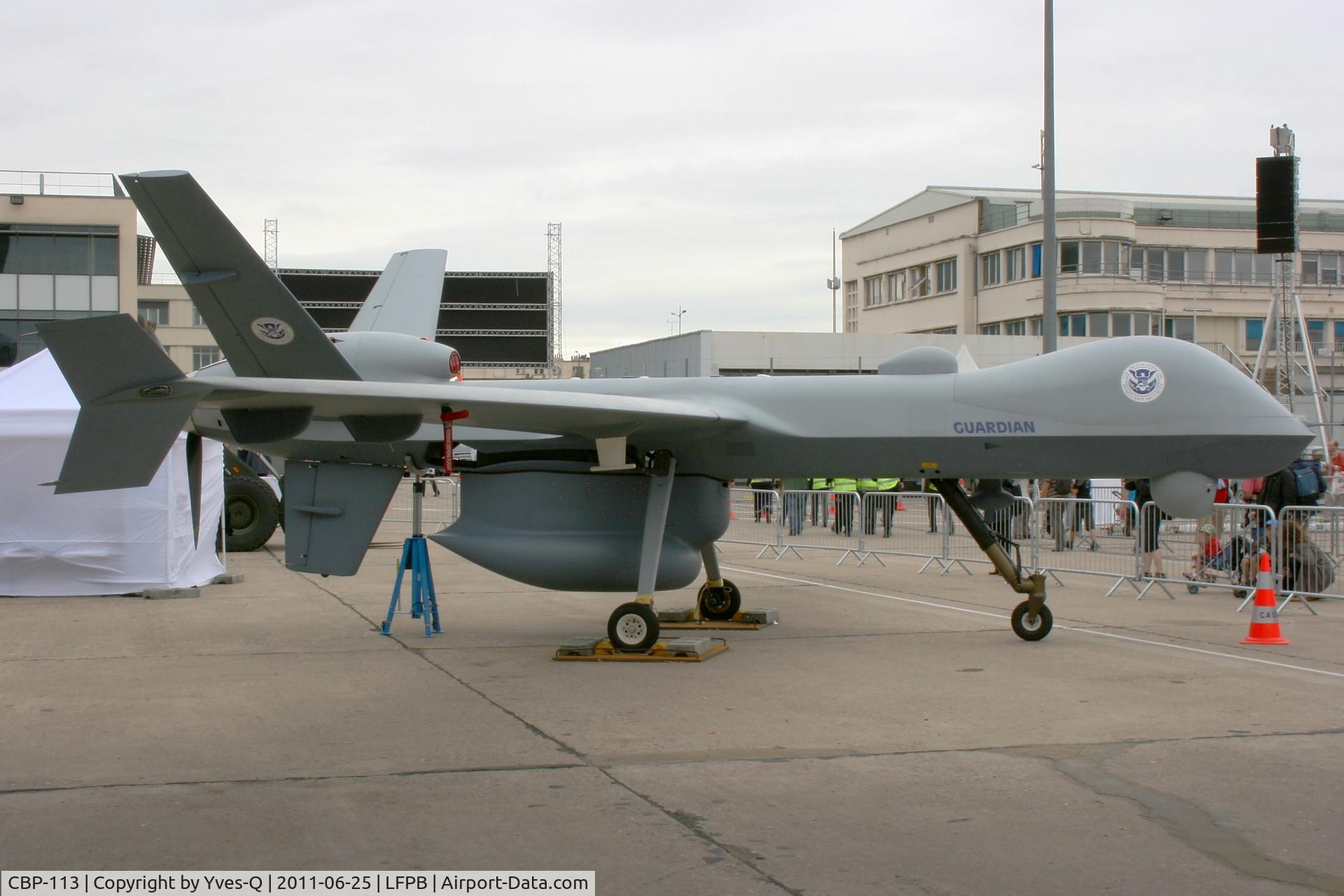 CBP-113, General Atomics MQ-9B Guardian C/N Not found CBP-113, General Atomics Aeronautical System Inc MQ-9B Guardian, US Department of Homeland Security, Displayed at Paris Le Bourget (LFPB-LBG) Air Show in june 2011. This UAV is used for border patrol and drugs smuggling surveillance operations.