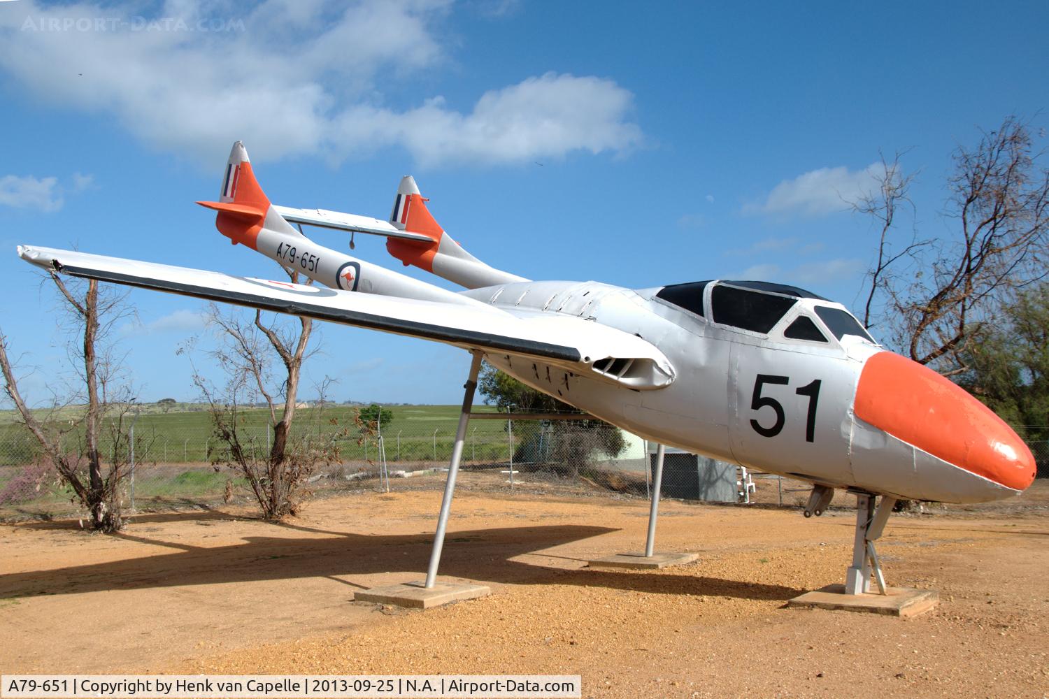A79-651, De Havilland Australia DH-115 Vampire T.35 C/N DHA4173, Vampire T35 along the main road through the town of Beverley, Western Australia. It is in fact a composite, made from various airframes and has been crudely assembled and finished.