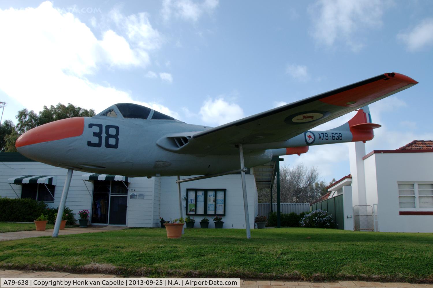 A79-638, De Havilland Australia DH-115 Vampire T.35 C/N DHA4160, Vampire T35 in front of the Beverley Aeronautical Museum in the town of Beverley, Western Australia.