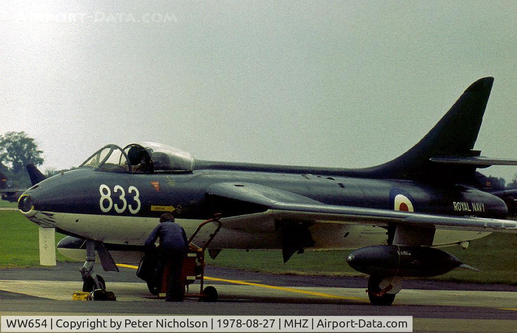 WW654, 1955 Hawker Hunter GA.11 C/N HABL-001045, Hunter GA.11 of the Fleet Requirements & Direction Unit (FRADU) based at RNAS Yeovilton on display at the 1978 RAF Mildenhall Airshow.