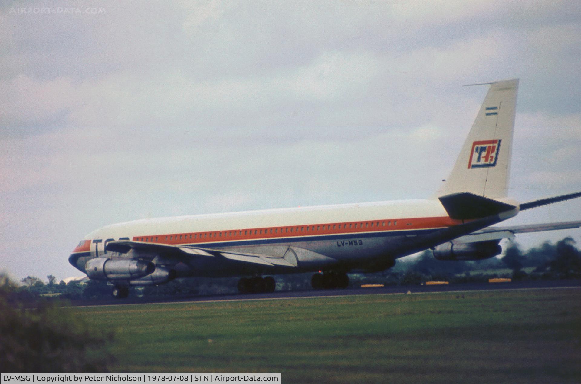 LV-MSG, 1963 Boeing 707-321C C/N 18591, Boeing 707-321C of TAR Argentina as seen at Stansted in the Summer of 1978.