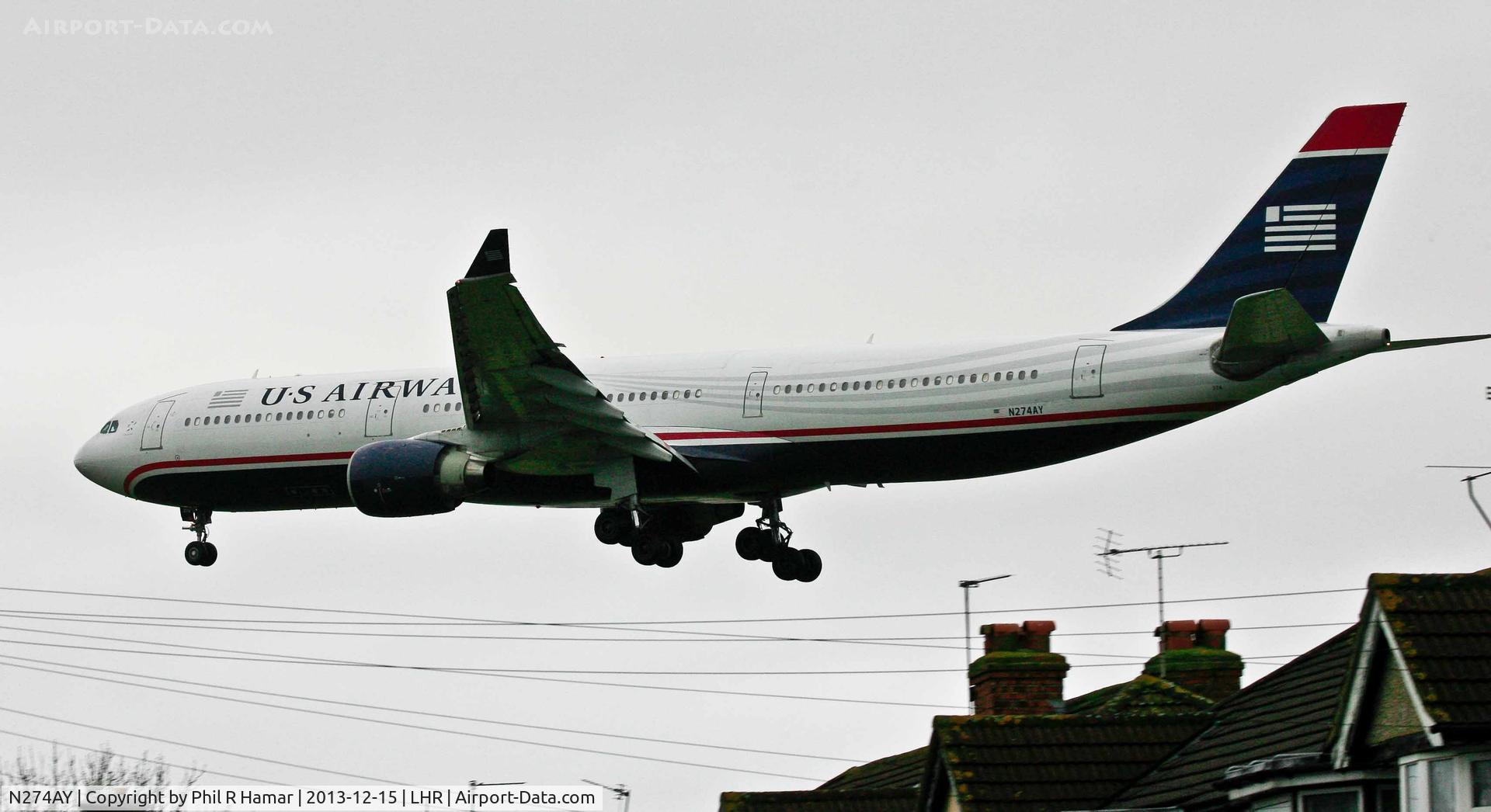 N274AY, 2000 Airbus A330-323X C/N 342, US Airways, (N274AY) 2000 Airbus A330-323X, c/n: 341, on approach to land on 27L Heathrow. © PhilRHamar
