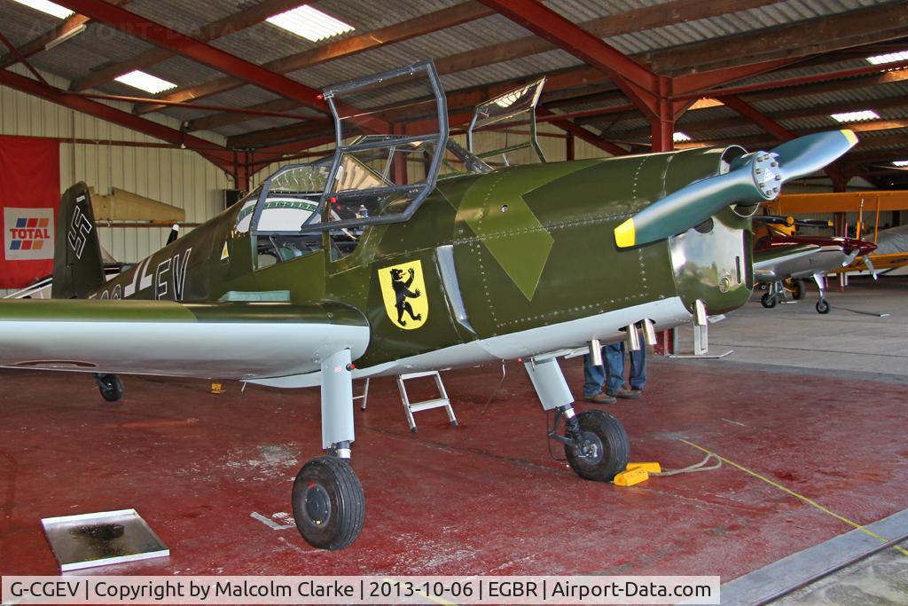 G-CGEV, 1970 Heliopolis Gomhouria Mk.6 (Bu-181) C/N 067, Bücker Bu-181D Bestmann (Gomhouria 181 MK6) at The Real Aeroplane Club's Pre-Hibernation Fly-In, Breighton Airfield, October 2013.
