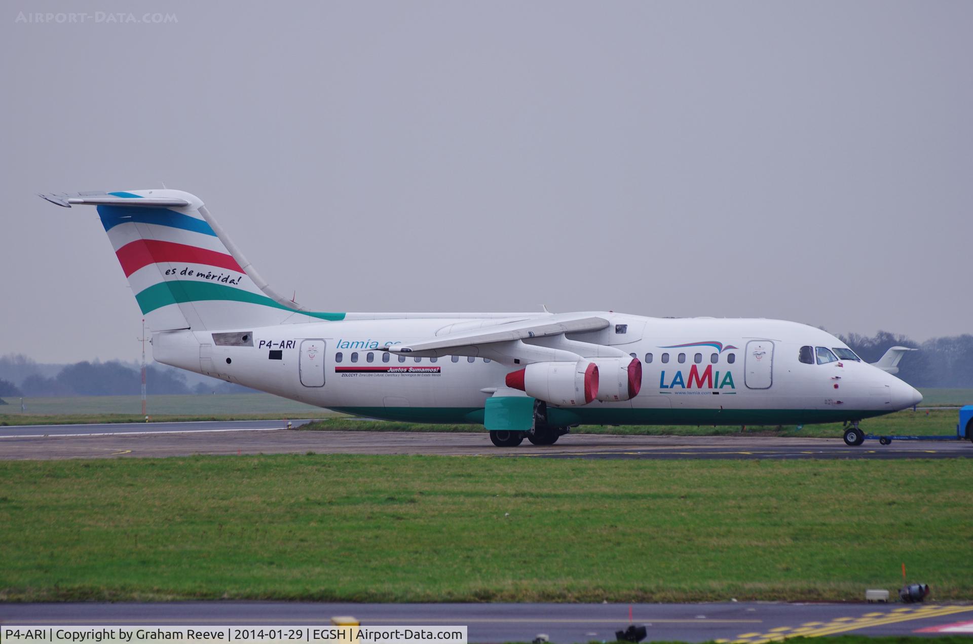 P4-ARI, 2000 British Aerospace Avro 146-RJ85A C/N E2370, Under tow at Norwich.