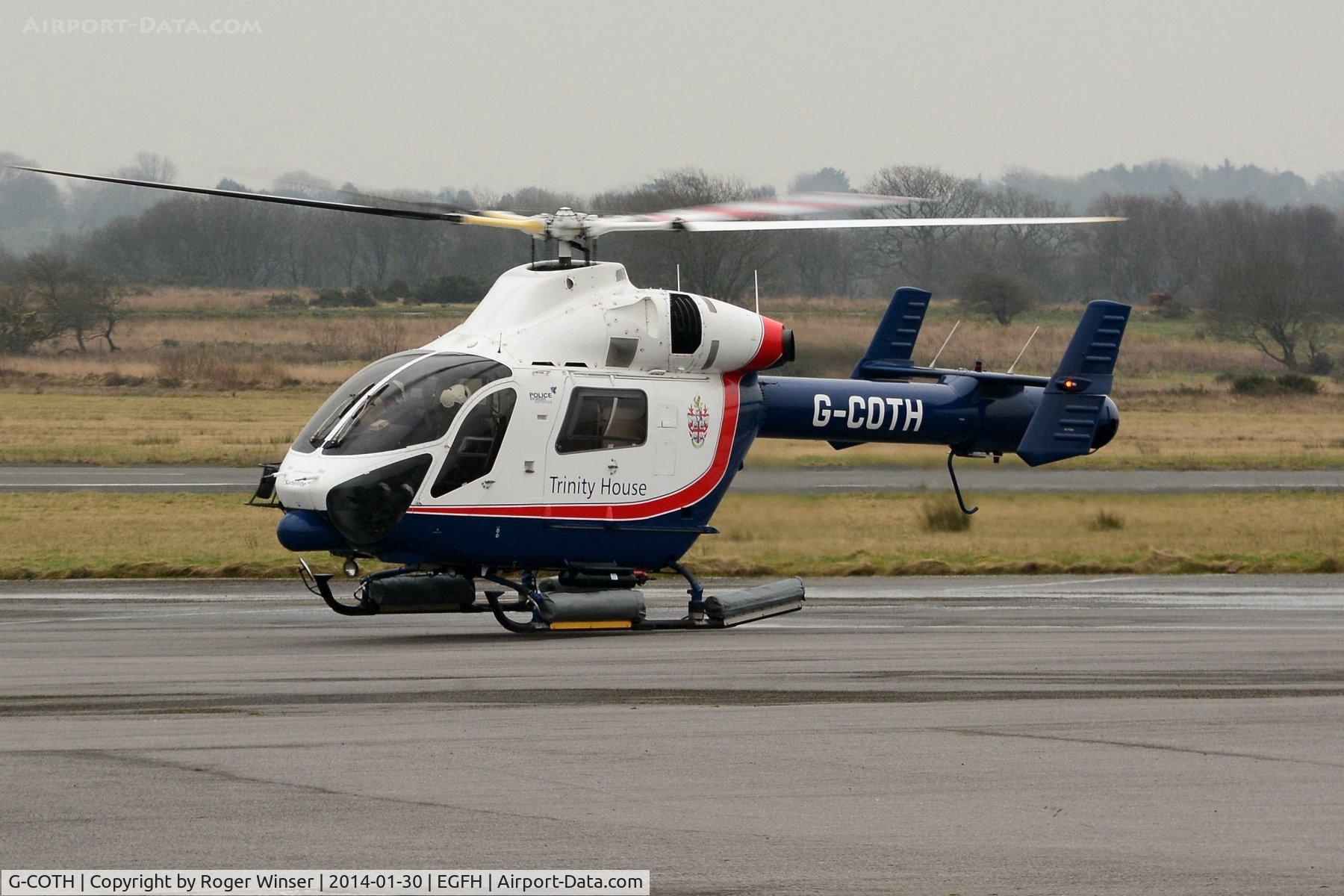 G-COTH, 2001 MD Helicopters MD-900 Explorer C/N 900-00085, Visiting Trinity House Explorer helicopter lifting off after taking on fuel. Operated by Specialist Aviation Services.