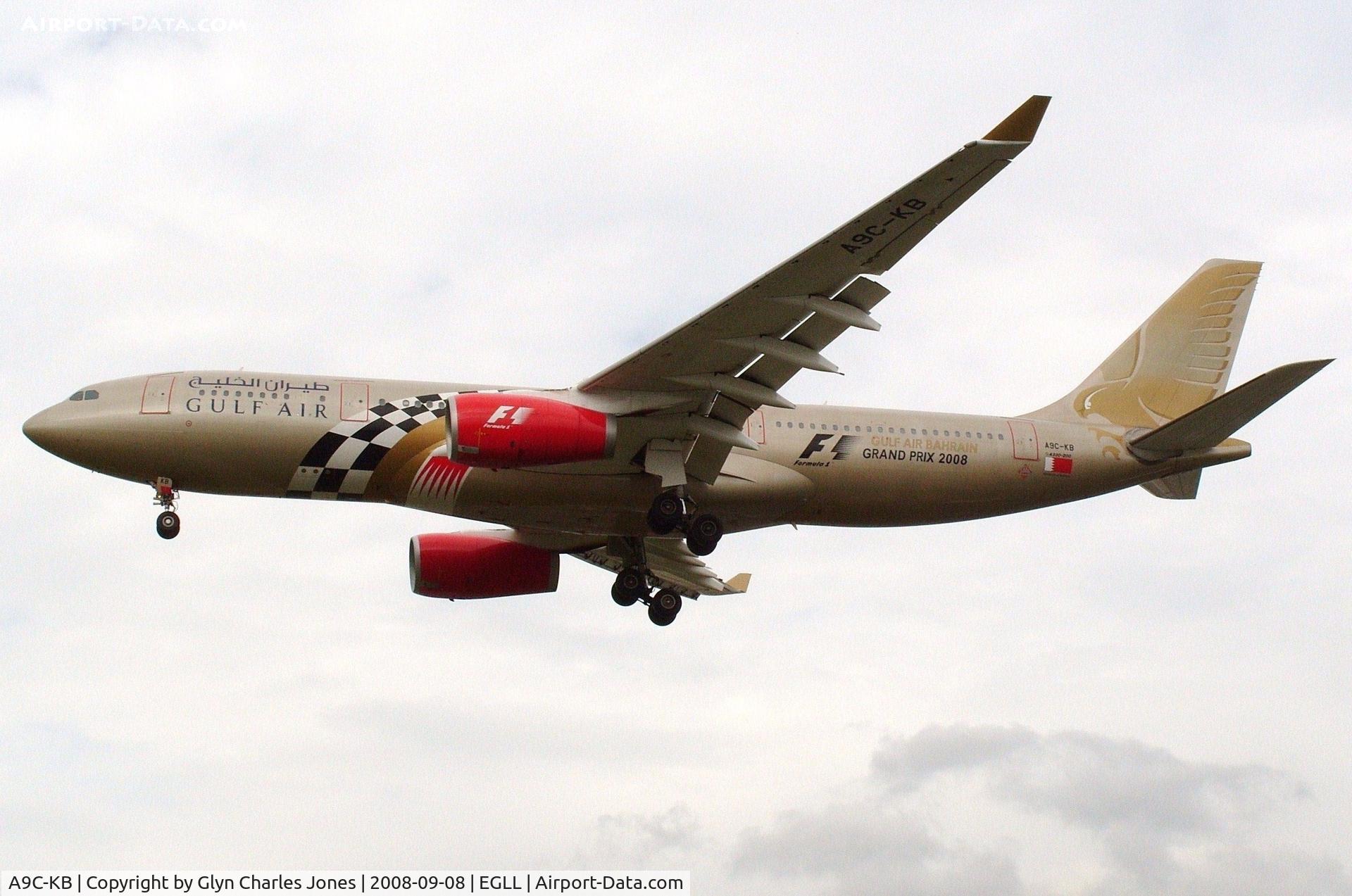 A9C-KB, 1999 Airbus A330-243 C/N 281, On finals to runway 27L with 'F1 Bahrain Grand Prix 2008' titles and chequered flag motif plus red engines. Previously A4O-KB and F-WWKI (test registration). Operated by Gulf Air.