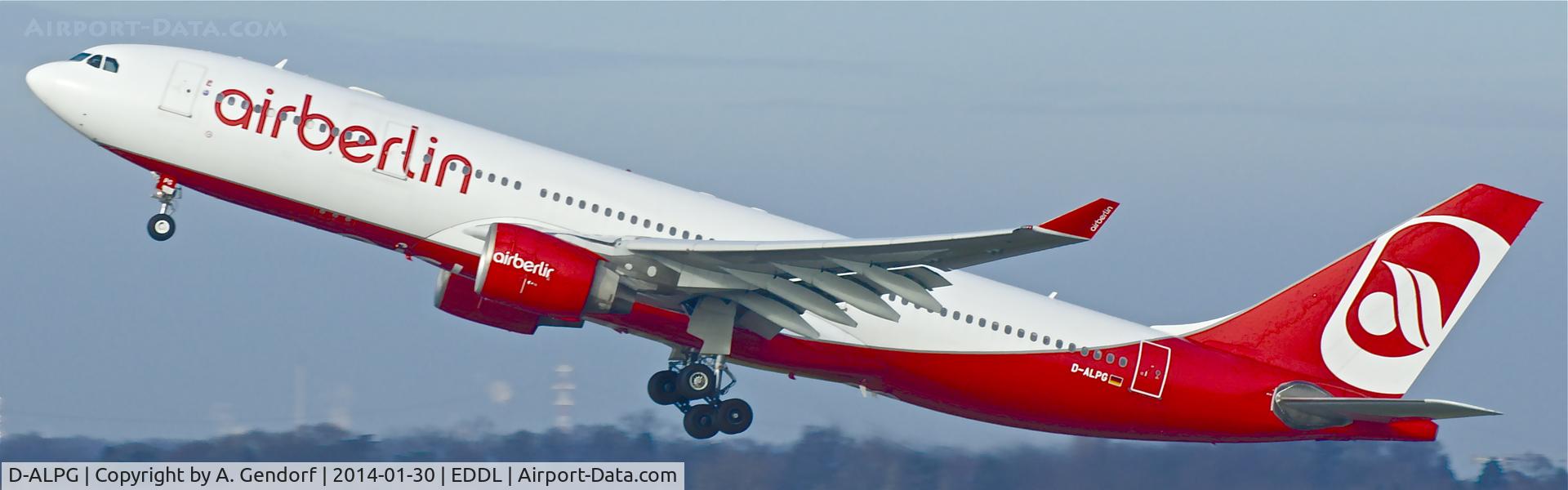 D-ALPG, 2002 Airbus A330-223 C/N 493, Air Berlin, is here climbing out at Düsseldorf Int'l(EDDL), bound for New York JFK(KJFK)