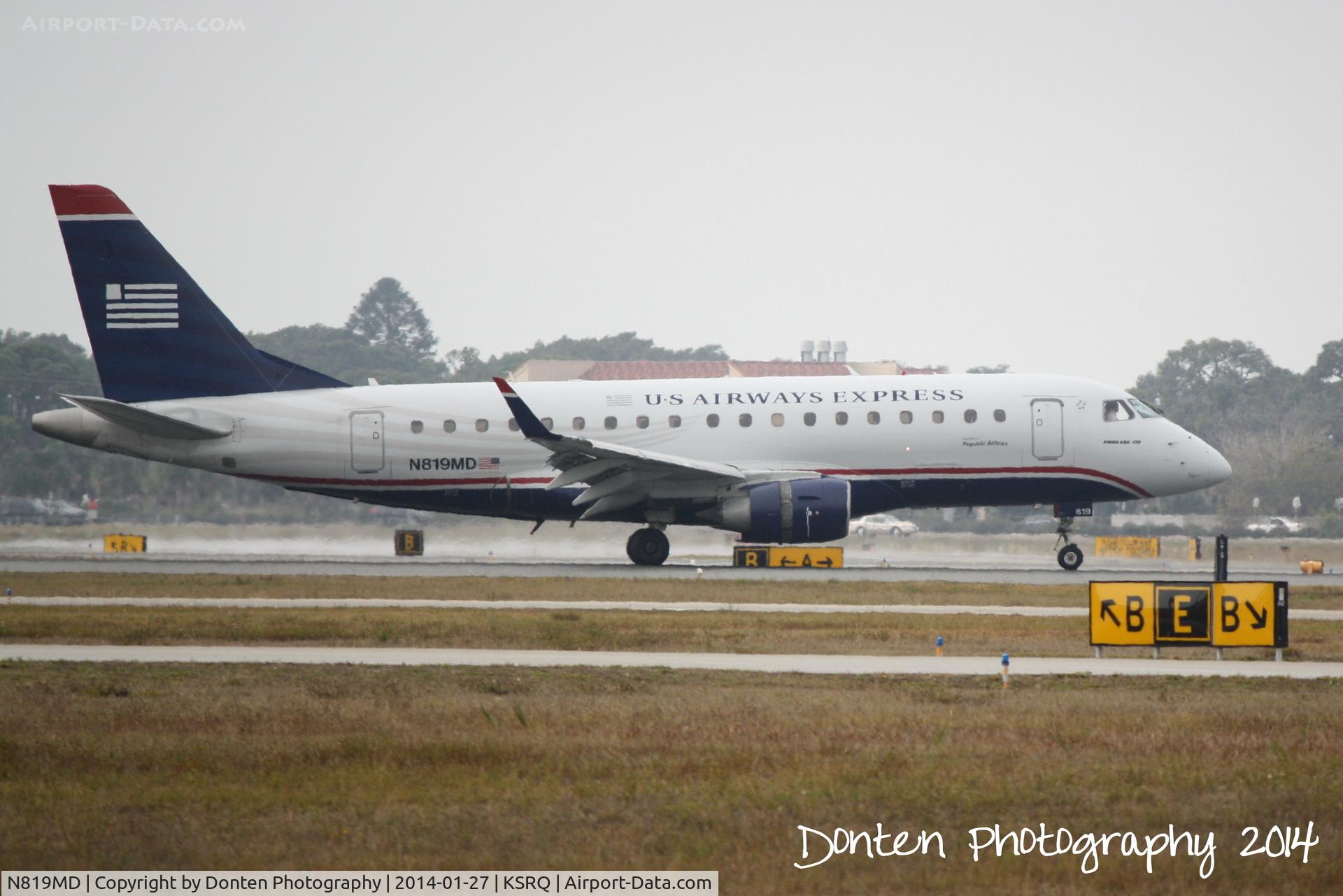 N819MD, 2004 Embraer 170SU (ERJ-170-100SU) C/N 17000040, US Air Flight 3346 operated by Republic (N819MD) arrives at Sarasota-Bradenton International Airport following a flight from Reagan National Airport