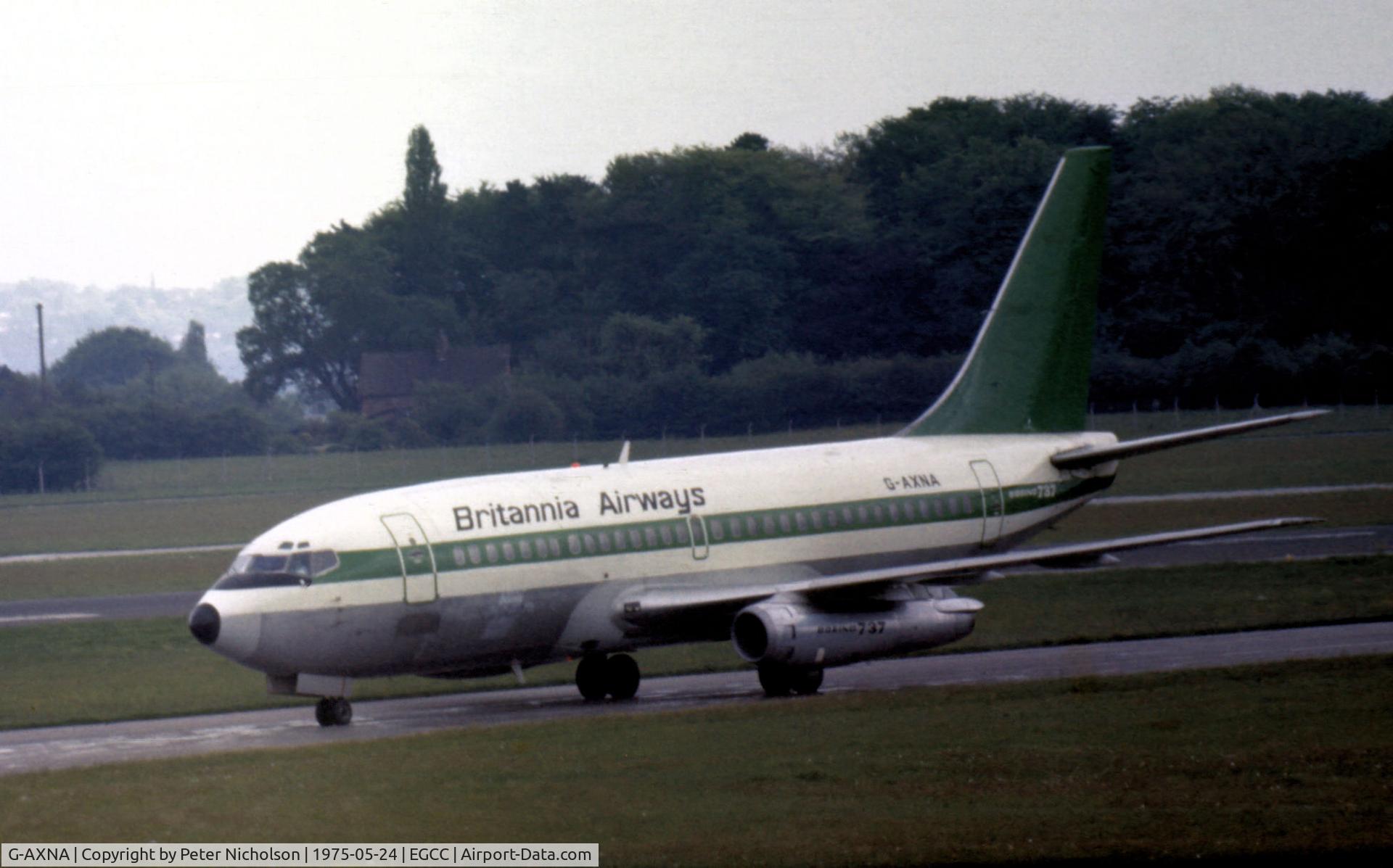 G-AXNA, 1970 Boeing 737-204C C/N 20282, Boeing 737-204C of Britannia Airways as seen at Manchester in the Spring of 1975 bearing evidence of lease to Transavia of Holland.