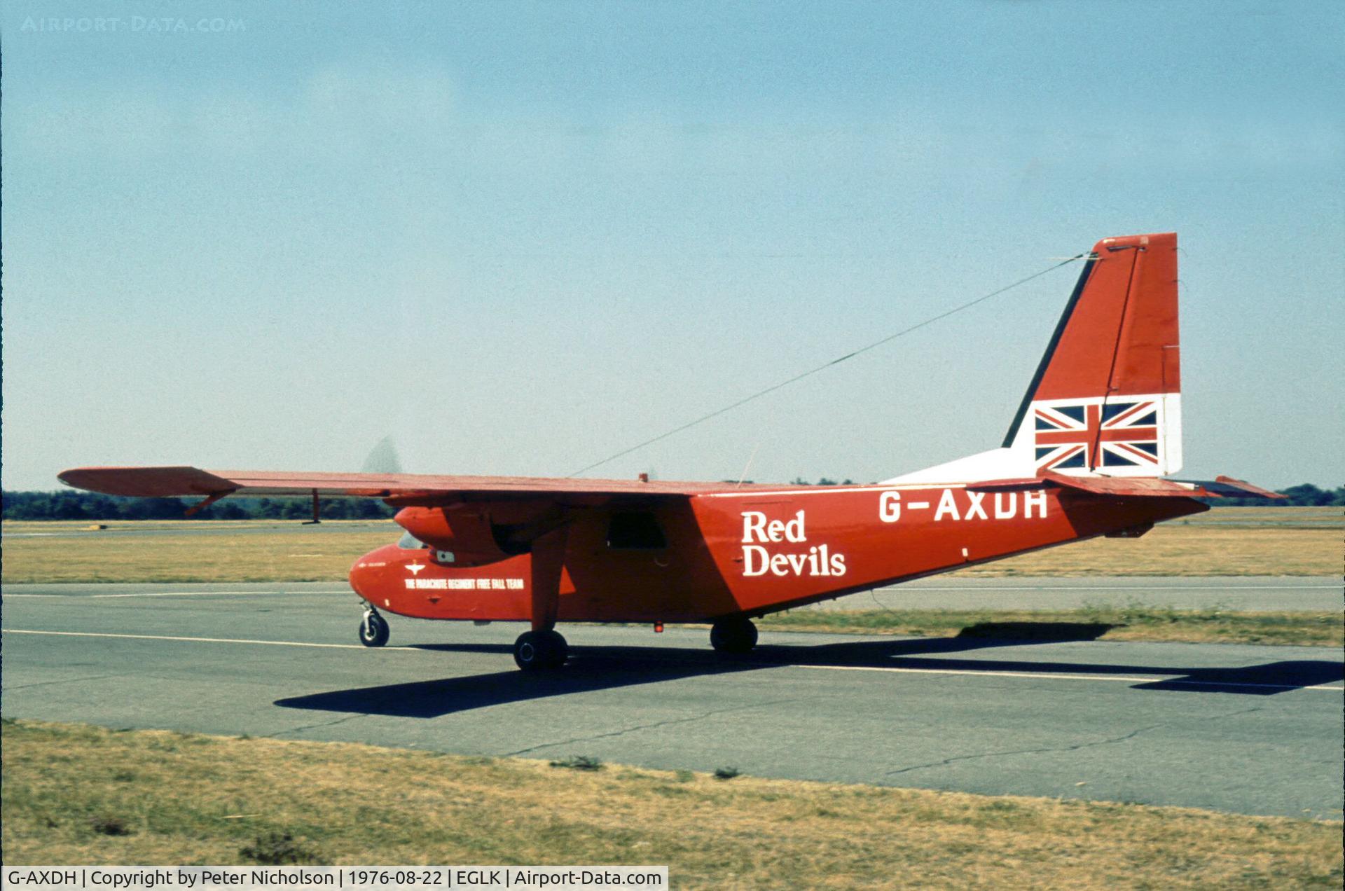 G-AXDH, 1969 Britten-Norman BN-2A Islander C/N 70, The Parachute Regiment Red Devils Free-fall Display Team's BN-2A Islander as seen at Blackbushe in the Summer of 1976.