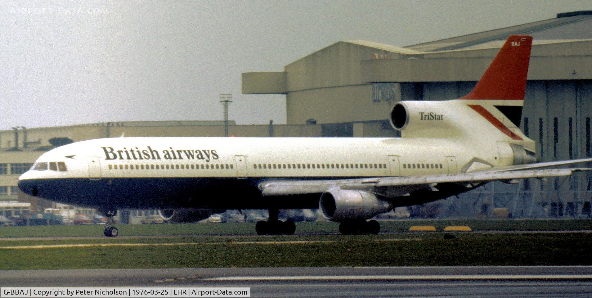 G-BBAJ, 1974 Lockheed L-1011-385-1 TriStar 1 C/N 193E-1106, L-1011-385 TriStar of British Airways as seen at Heathrow in the Spring of 1976.