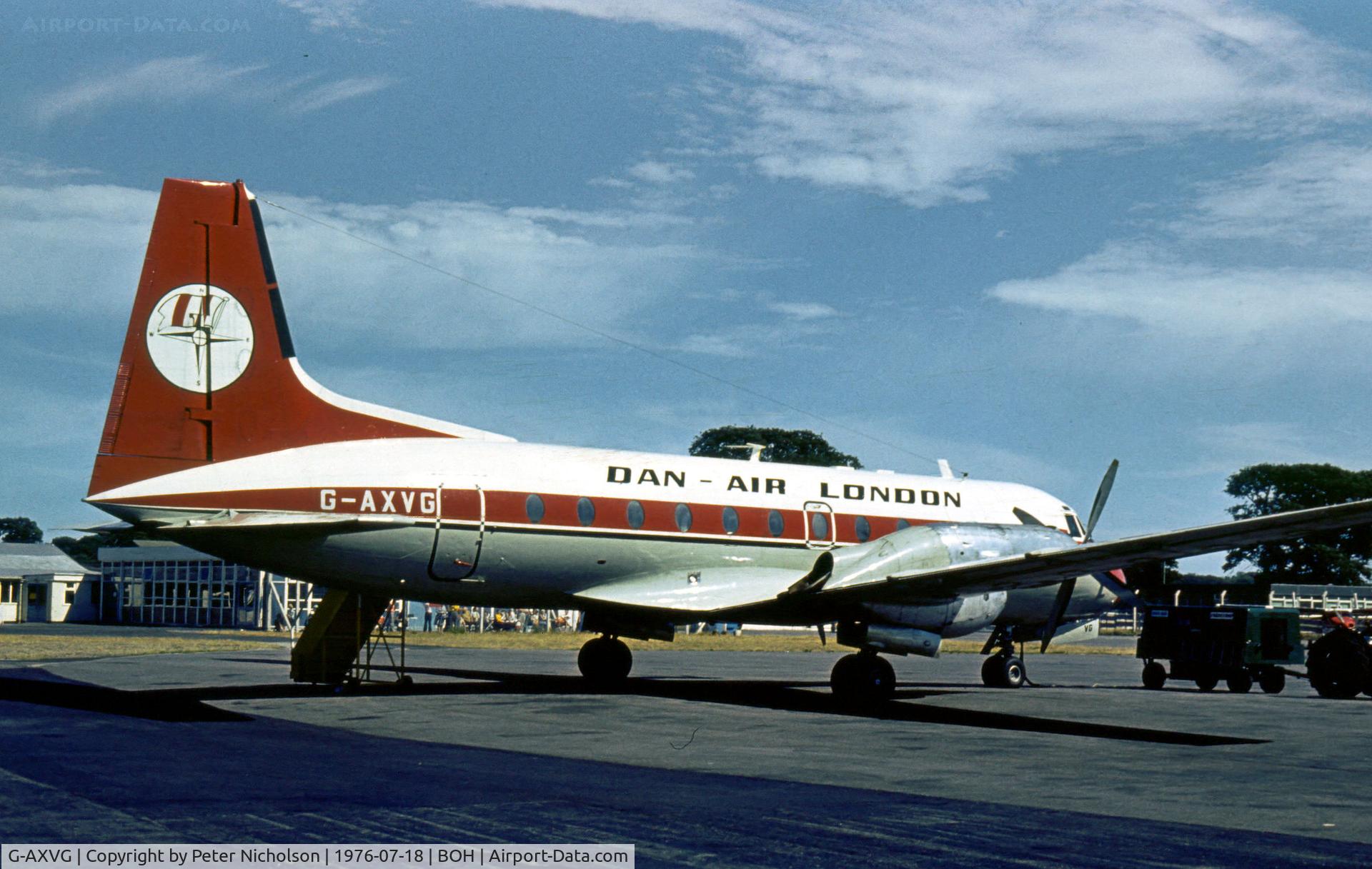 G-AXVG, 1966 Hawker Siddeley HS-748 Srs2/226 C/N 1589, Dan-Air HS.748 as seen at Bournemouth Hurn in the Summer of 1976.