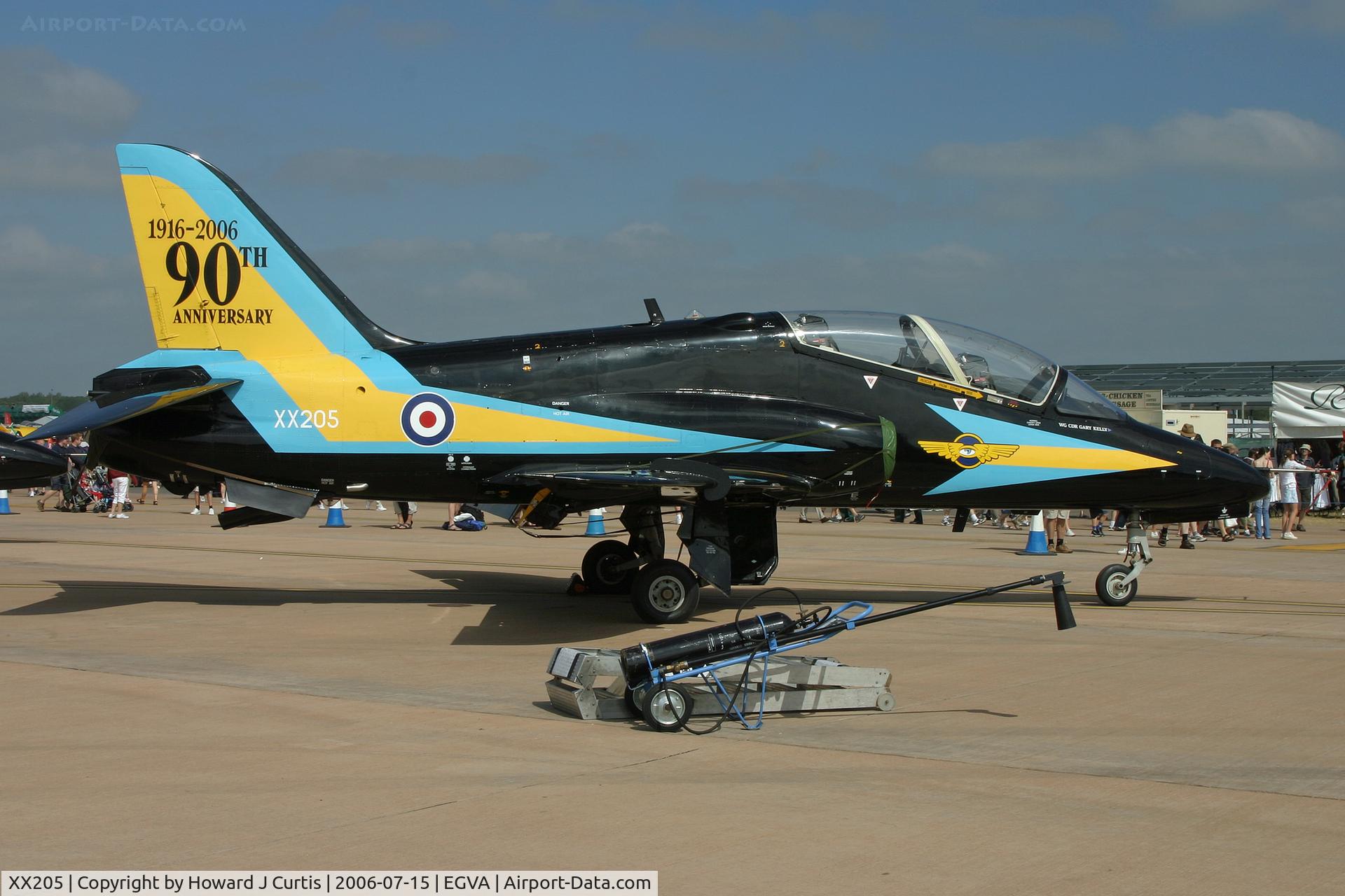 XX205, 1978 Hawker Siddeley Hawk T.1A C/N 052/312052, RIAT 2006; on static display. 4FTS/208(R) Squadron, special 90th anniversary marks.