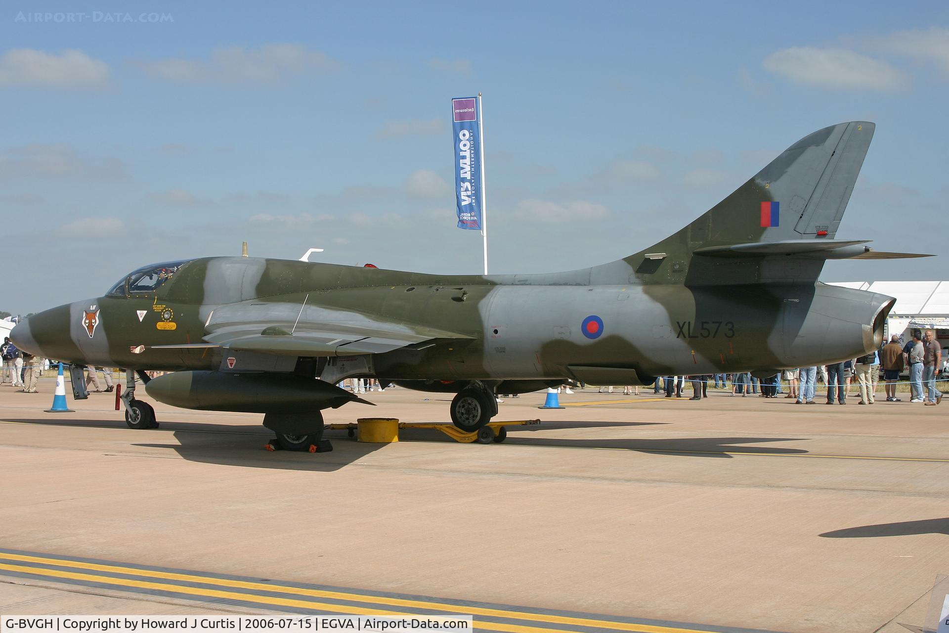 G-BVGH, 1958 Hawker Hunter T.7 C/N HABL-003360, RIAT 2006; on static display. Painted as XL573. 12 Squadron fox badge on nose.