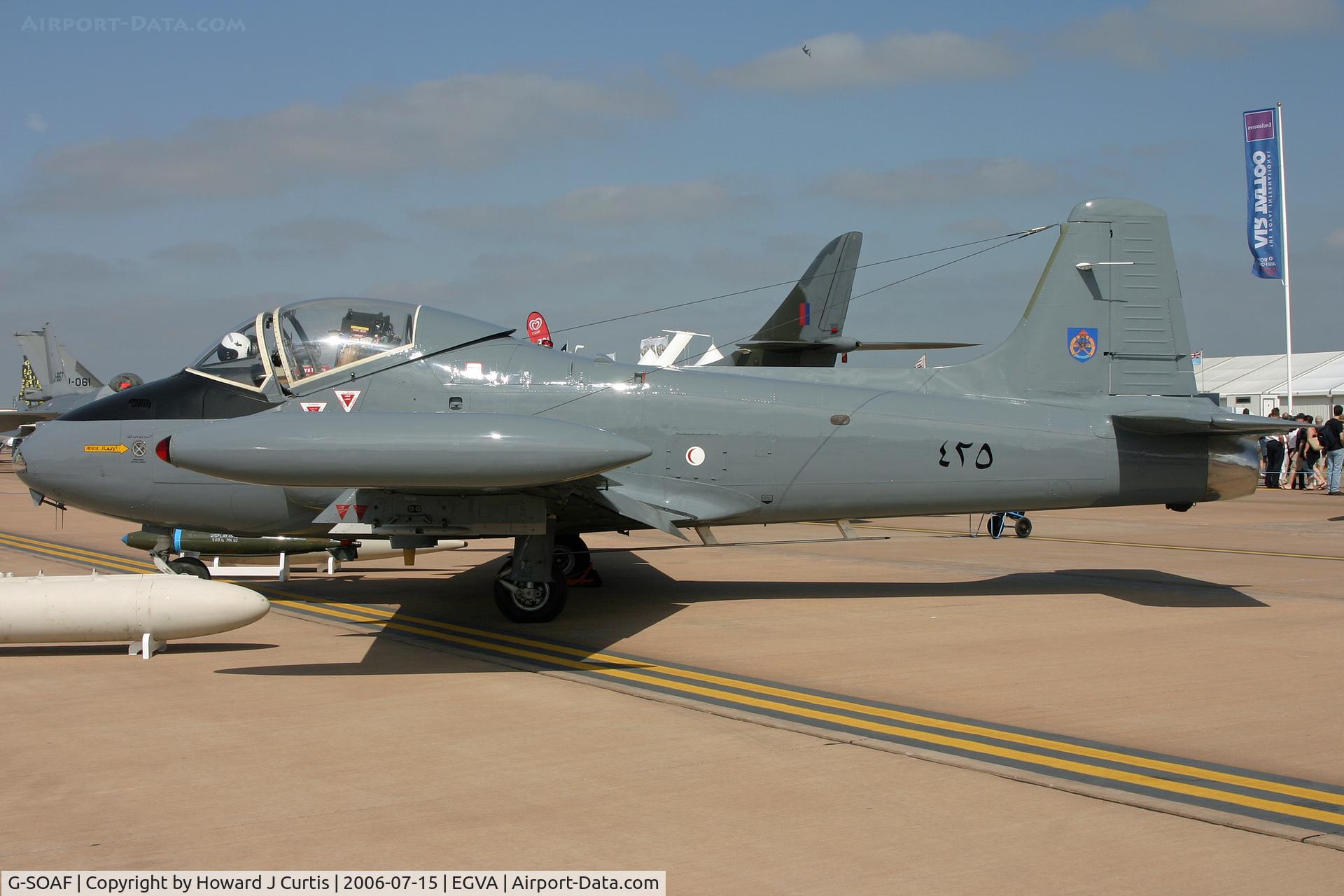 G-SOAF, 1986 BAC 167 Strikemaster Mk.82A C/N 425, RIAT 2006; on static display. Painted as 425, RAF of Oman (ex Sultan of Oman's AF, hence the UK civil registration).