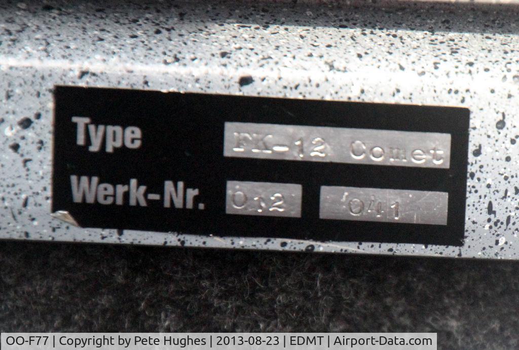 OO-F77, 2001 B & F Funk FK-12 Comet C/N 012-041, OO-F77 Funk FK12 Comet manufacturer's plate at Tankosh 2013
(Ray must have stood in the same spot as I did as my other shot of OO-F77 is identcal to his!)