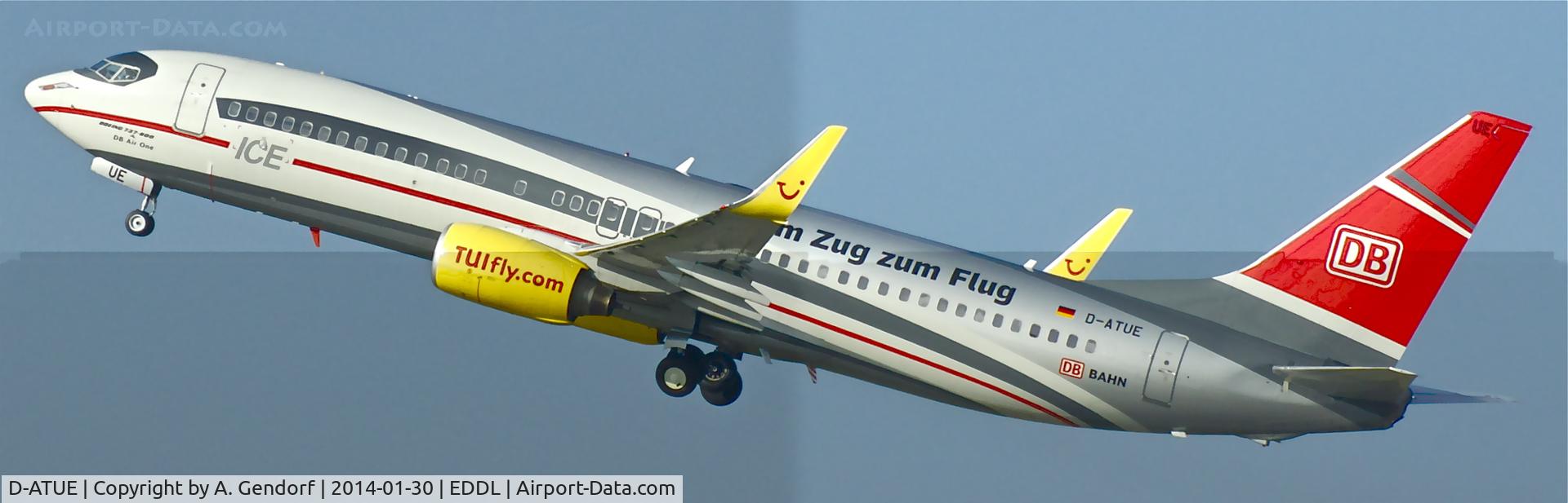 D-ATUE, 2006 Boeing 737-8K5 C/N 34686, TUIFly (DB / ICE cs.), the fastest train in the sky seen here climbing out at Düsseldorf Int'l(EDDL)