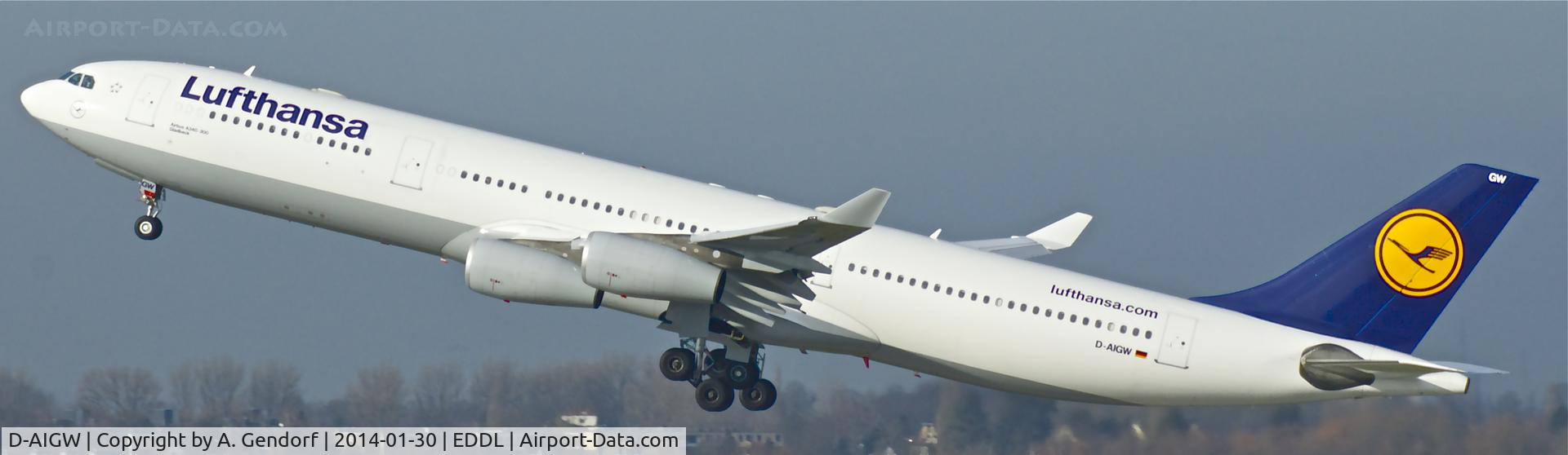 D-AIGW, 2000 Airbus A340-313X C/N 327, Lufthansa, is here departing at Düsseldorf Int'l(EDDL), bound for Newark(KEWR)