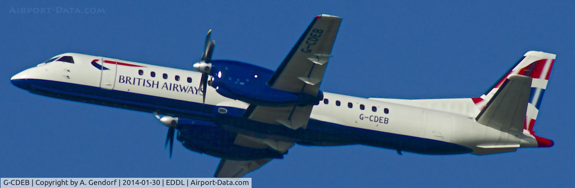 G-CDEB, 1996 Saab 2000 C/N 2000-036, Eastern Airways (British Airways cs.), is departing at Düsseldorf Int'l(EDDL), bound for London City(EGLC)
