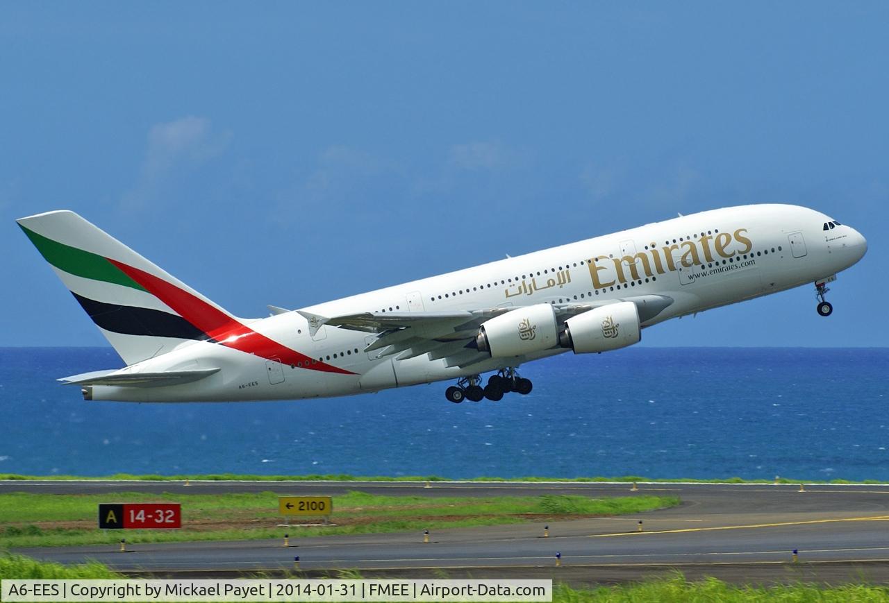 A6-EES, 2013 Airbus A380-861 C/N 140, flight EK701 departed for Mauritius after being diverted to Reunion Island