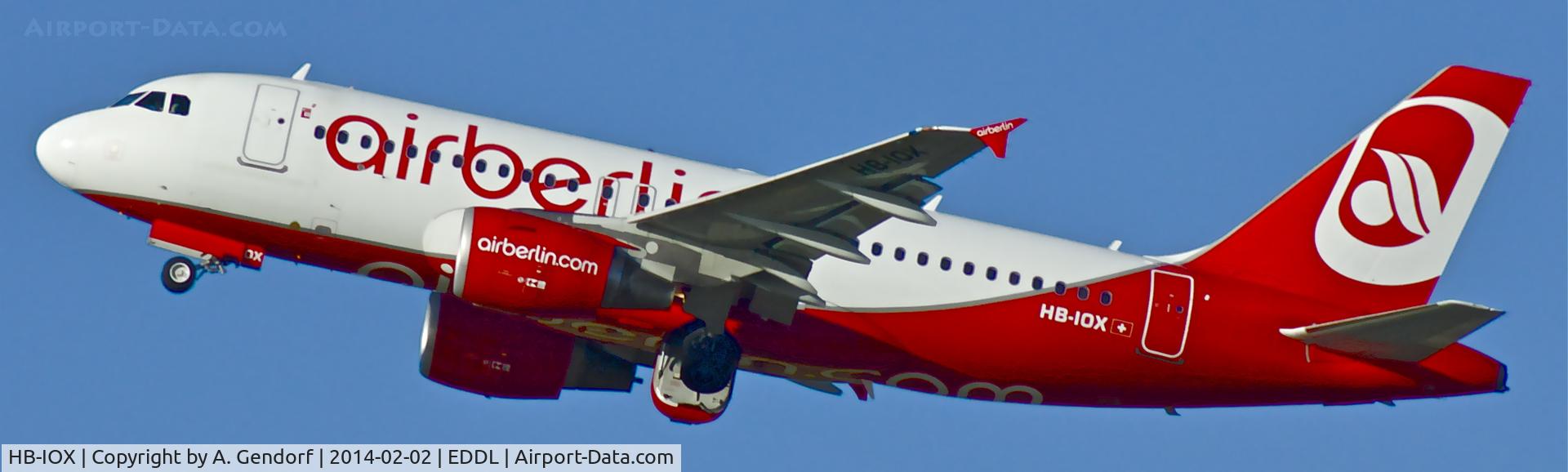 HB-IOX, 2008 Airbus A319-112 C/N 3604, Belair (Air Berlin cs.), is departing at Düsseldorf Int'l(EDDL)