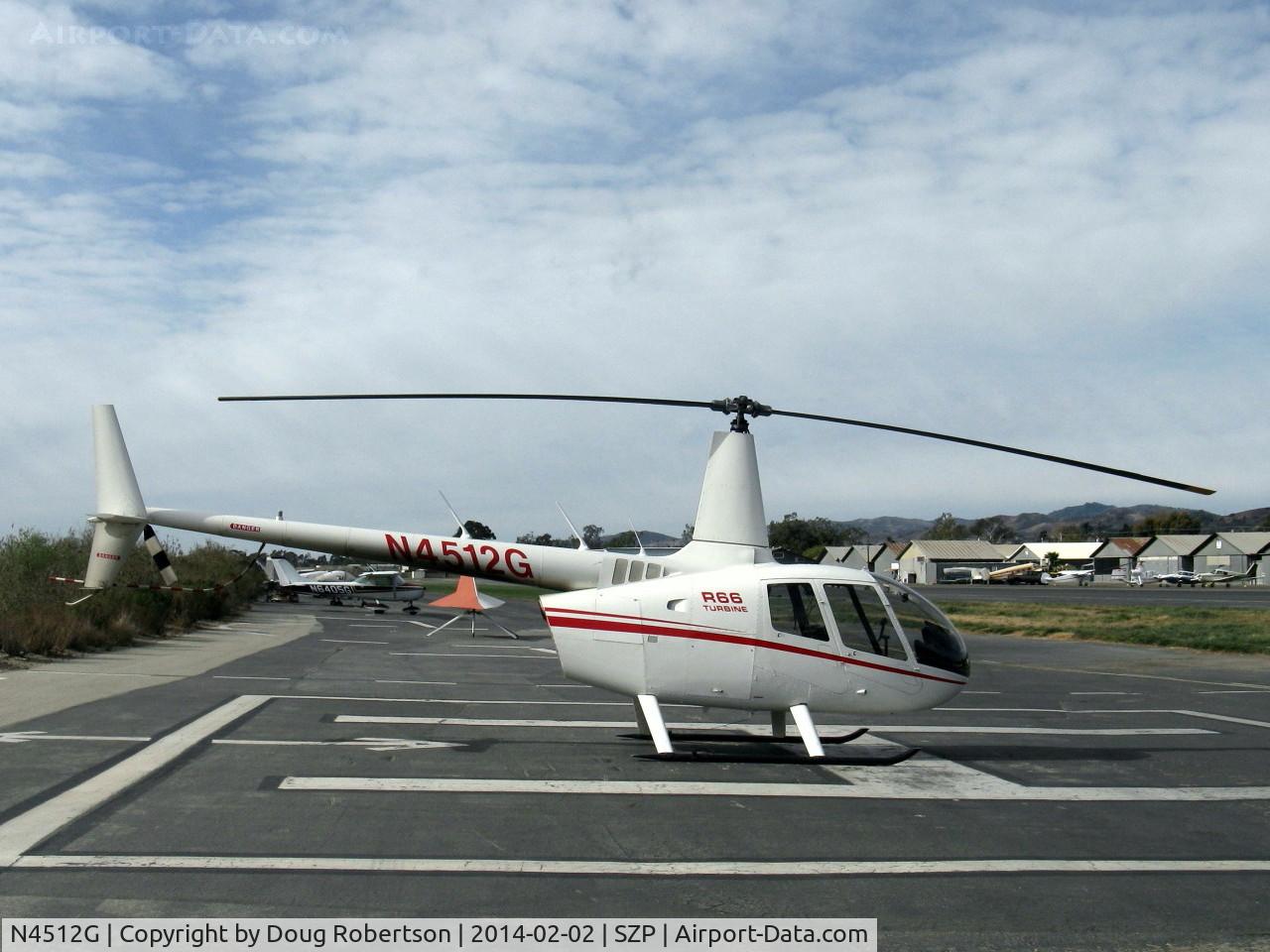 N4512G, Robinson R66 C/N 0003, 2010 Robinson R66, one Rolls Royce 250-C300/A1 Turboshaft derated to 270 shp for takeoff, 224 shp continuous, rotor 404-412 rpm, 5 seats, Experimental class R&D, N4512G is 3rd prototype  R66, on SZP helipad