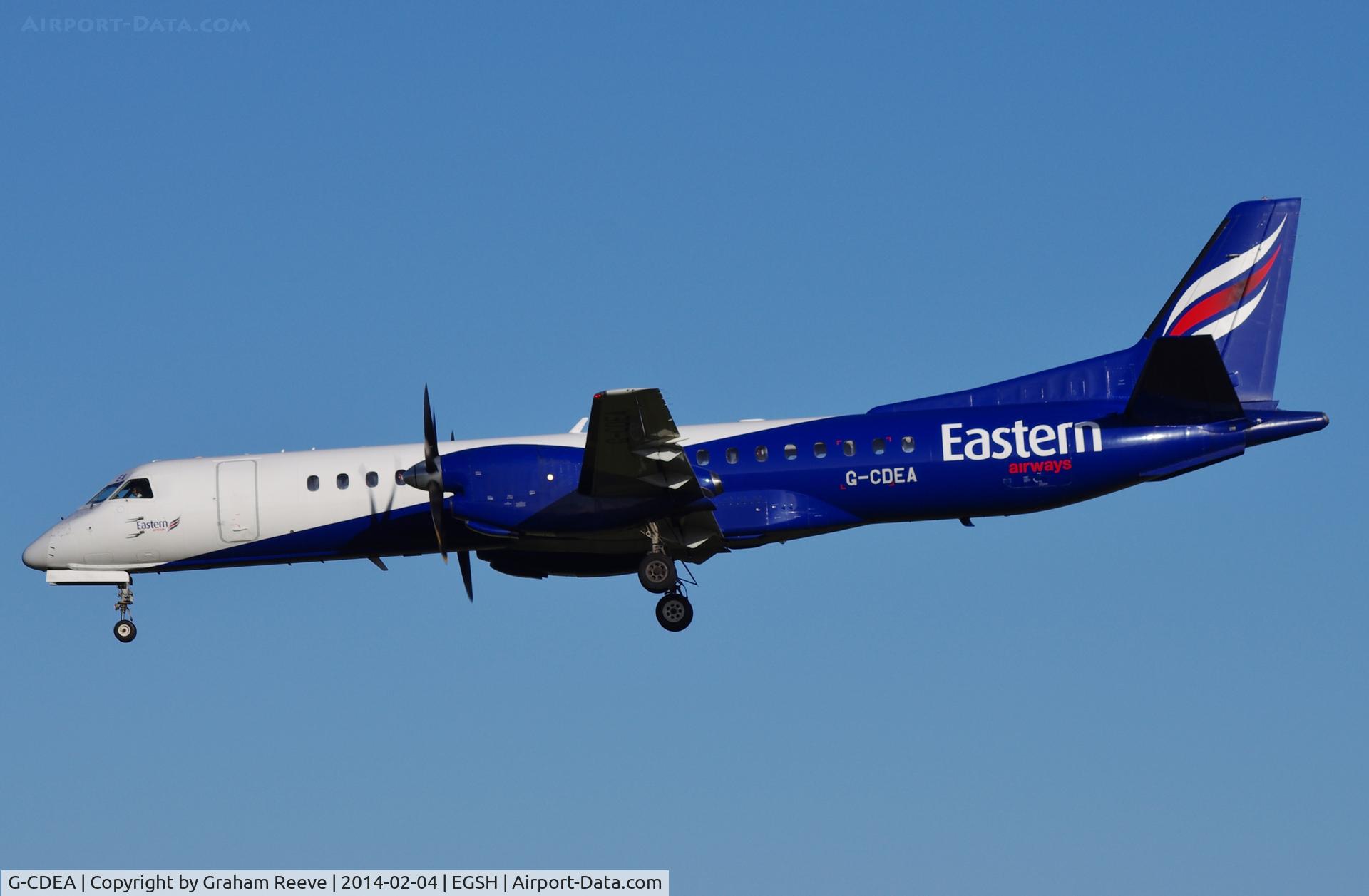 G-CDEA, 1994 Saab 2000 C/N 2000-009, About to land on runway 27.