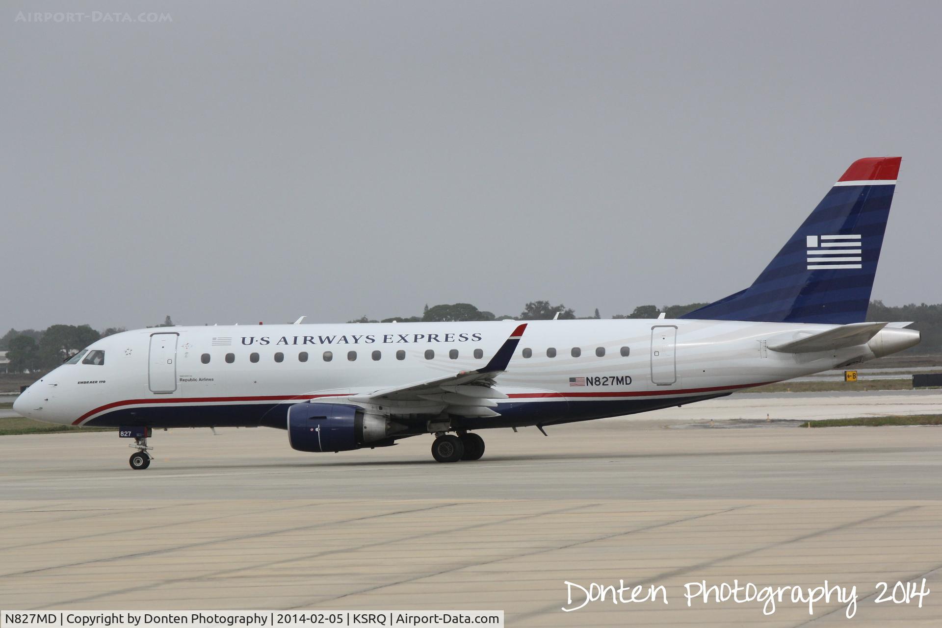 N827MD, 2005 Embraer 170SU (ERJ-170-100SU) C/N 17000047, US Air Flight 3404 operated by Republic (N827MD) prepares for flight at Sarasota-Bradenton International Airport