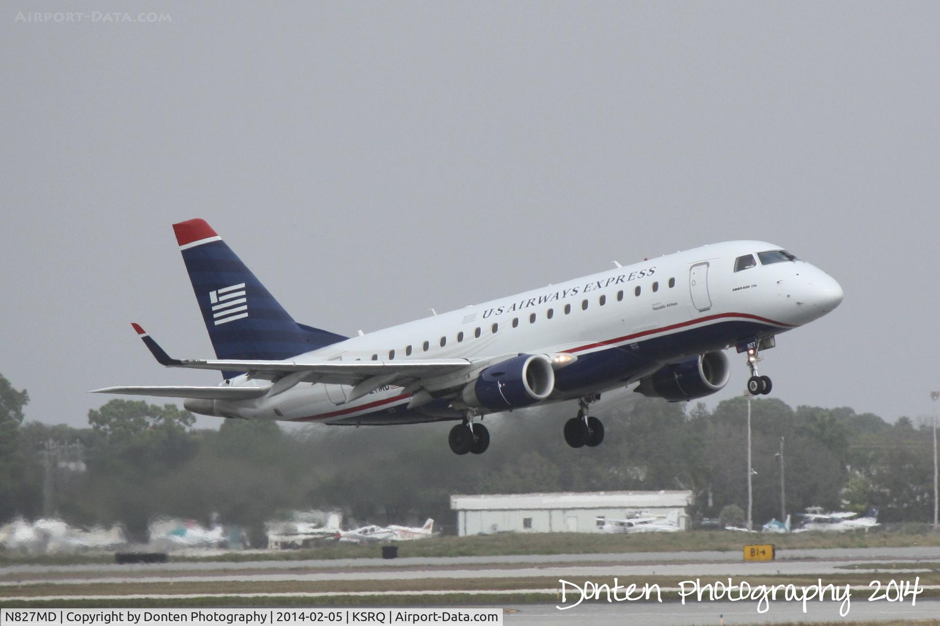 N827MD, 2005 Embraer 170SU (ERJ-170-100SU) C/N 17000047, US Air Flight 3404 operated by Republic (N827MD) departs Sarasota-Bradenton International Airport